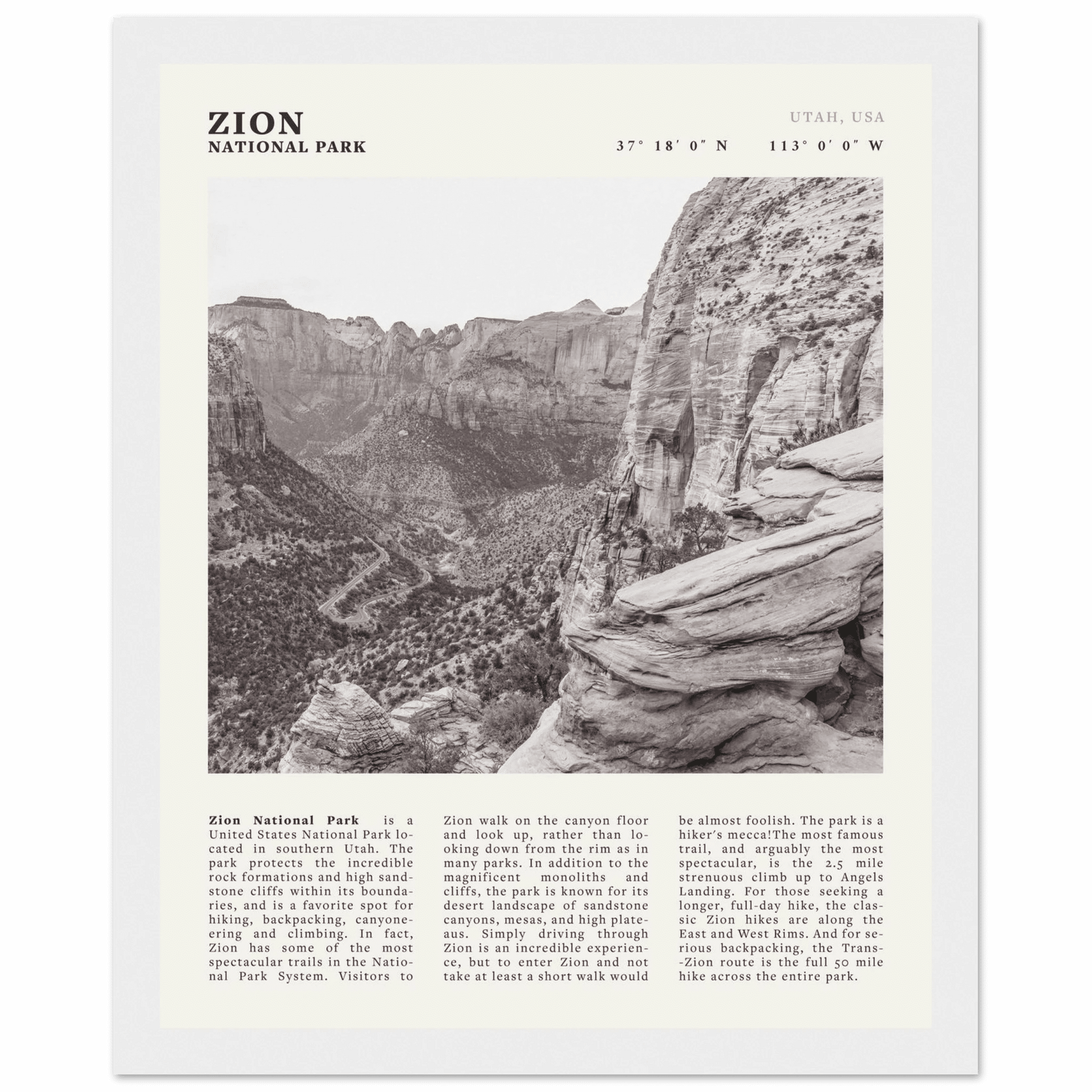 Zion National Park Poster | Black & White Utah Canyon Wall Art | USA Travel Print - Evergreen Posters