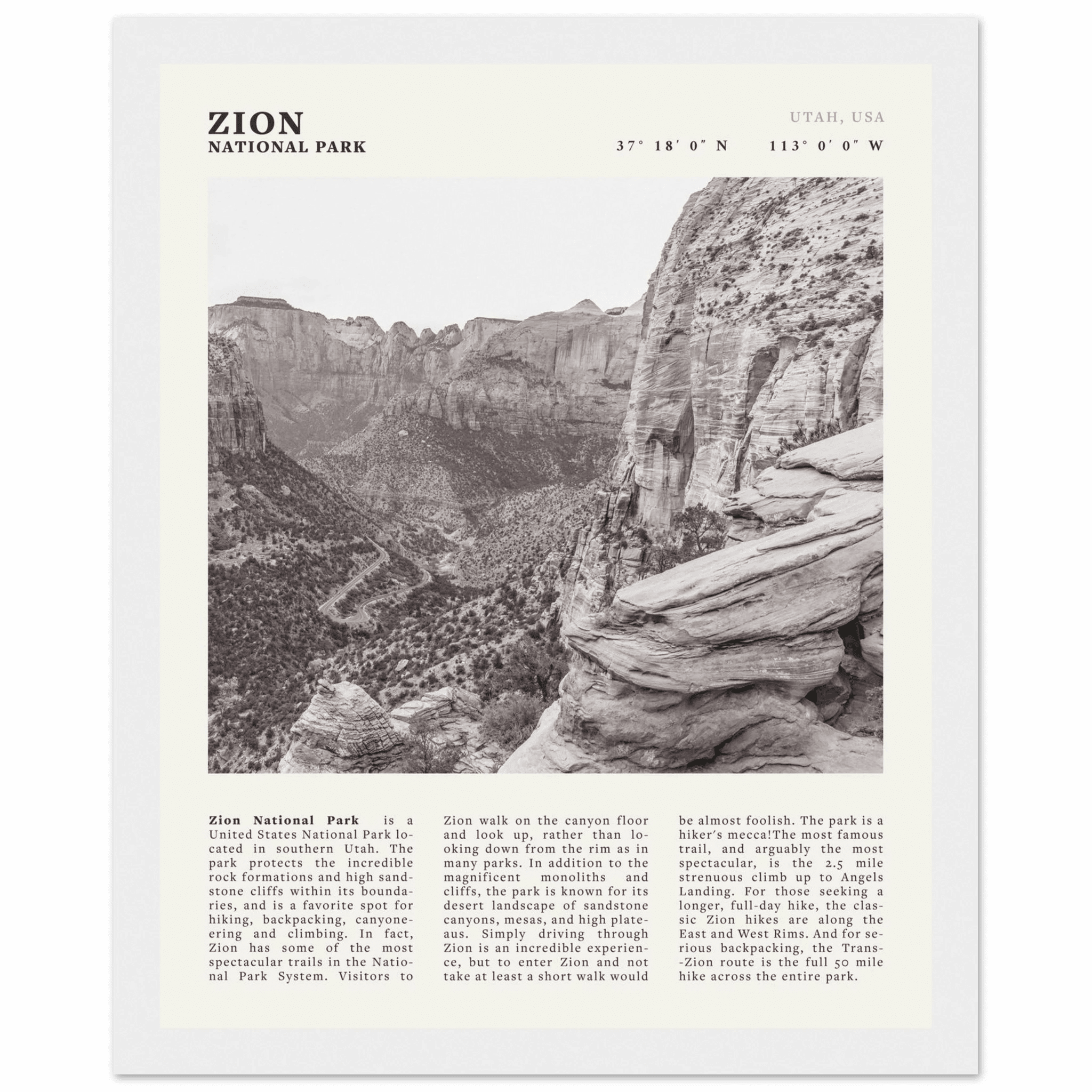 Zion National Park Poster | Black & White Utah Canyon Wall Art | USA Travel Print - Evergreen Posters