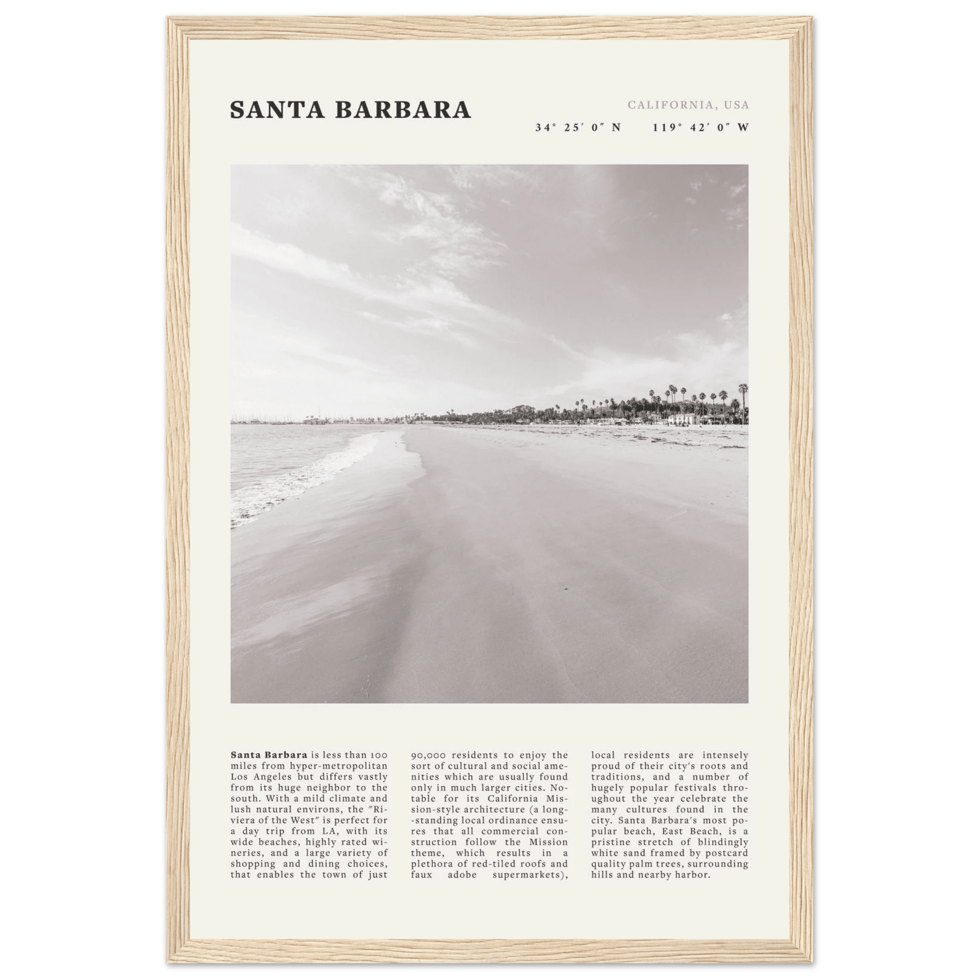Santa Barbara Poster | Black & White California Beach Wall Art | CA Travel Print - Evergreen Posters