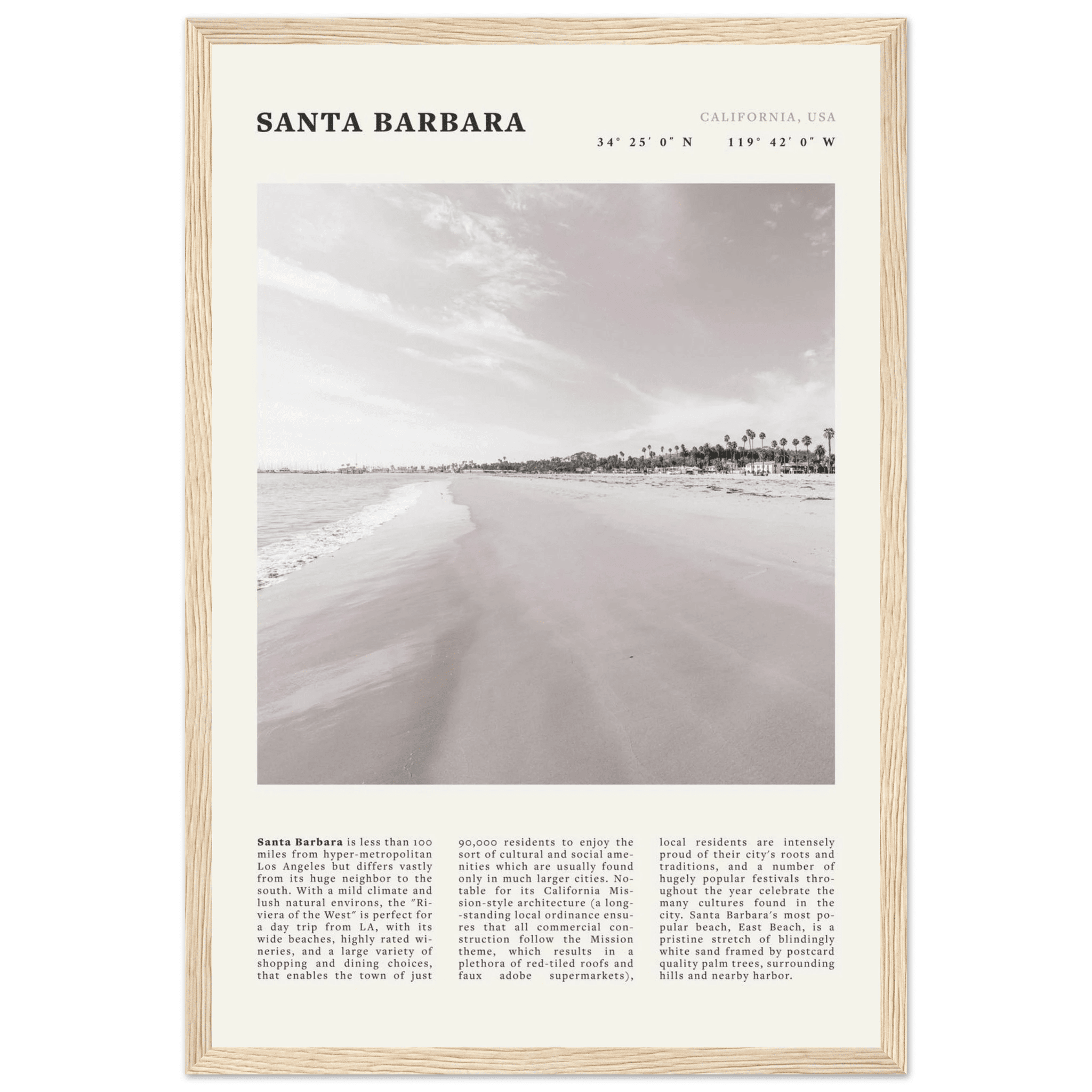 Santa Barbara Poster | Black & White California Beach Wall Art | CA Travel Print - Evergreen Posters