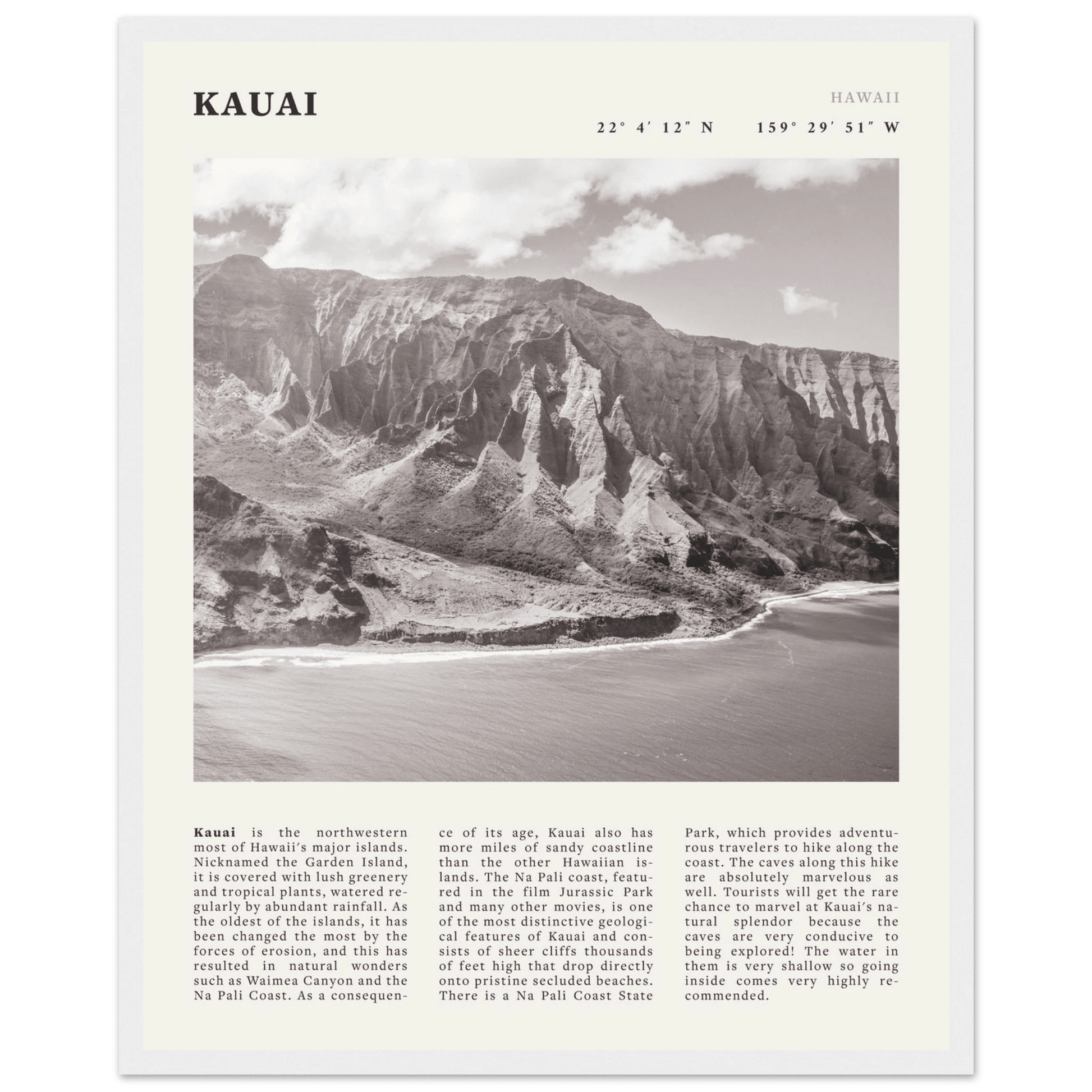 Kauai Poster | Black & White Na Pali Coast Wall Art | Hawaii Travel Print Decor - Evergreen Posters