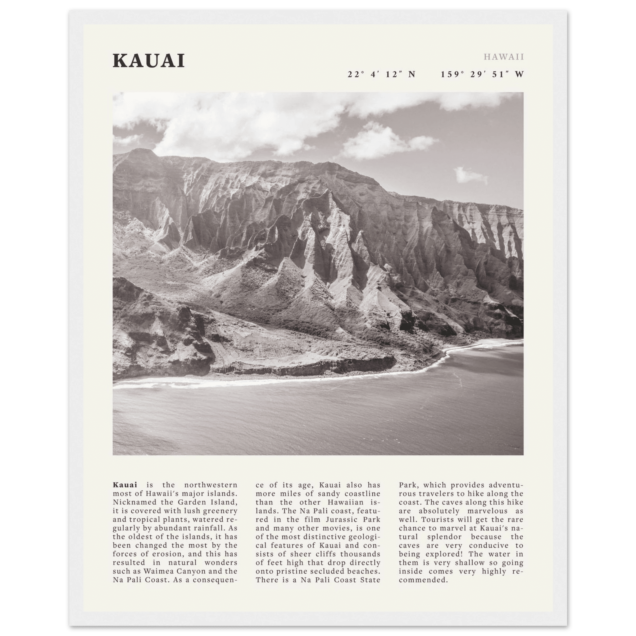 Kauai Poster | Black & White Na Pali Coast Wall Art | Hawaii Travel Print Decor - Evergreen Posters