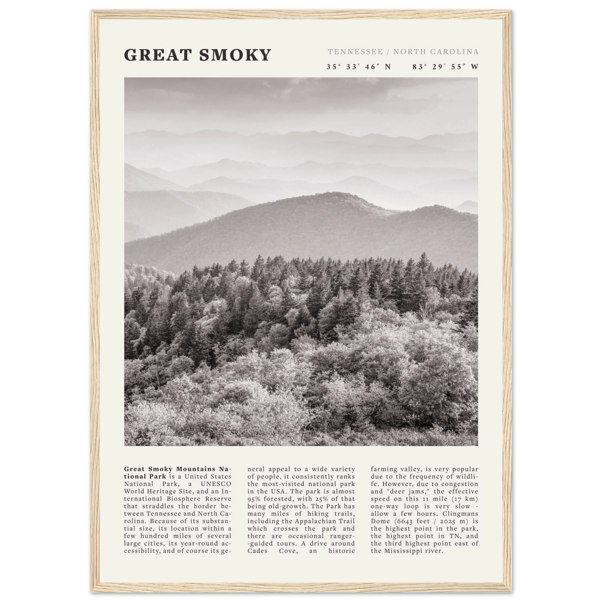 Great Smoky Mountains Poster | Black & White National Park Wall Art | Tennessee Print - Evergreen Posters