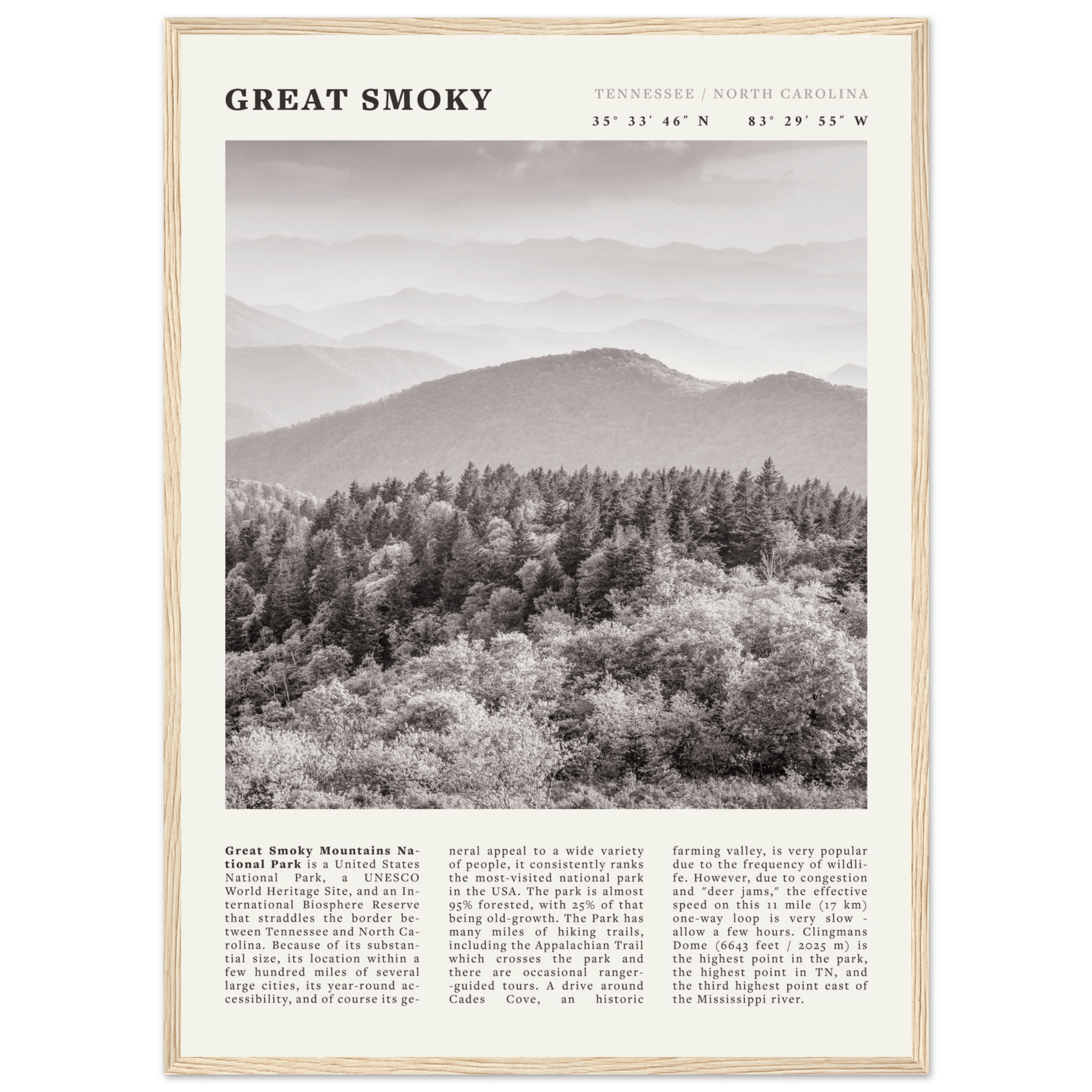 Great Smoky Mountains Poster | Black & White National Park Wall Art | Tennessee Print - Evergreen Posters