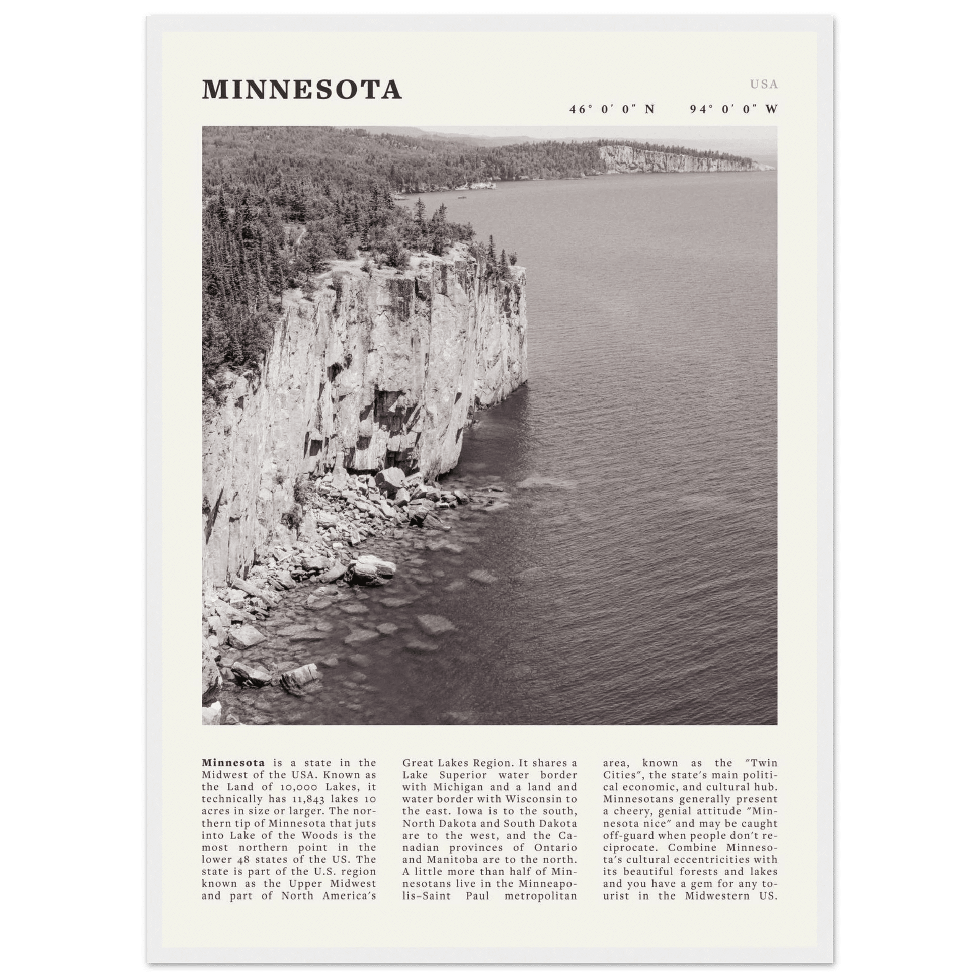 Minnesota Poster | Black & White Lake Superior Wall Art | USA Nature Travel Print - Evergreen Posters