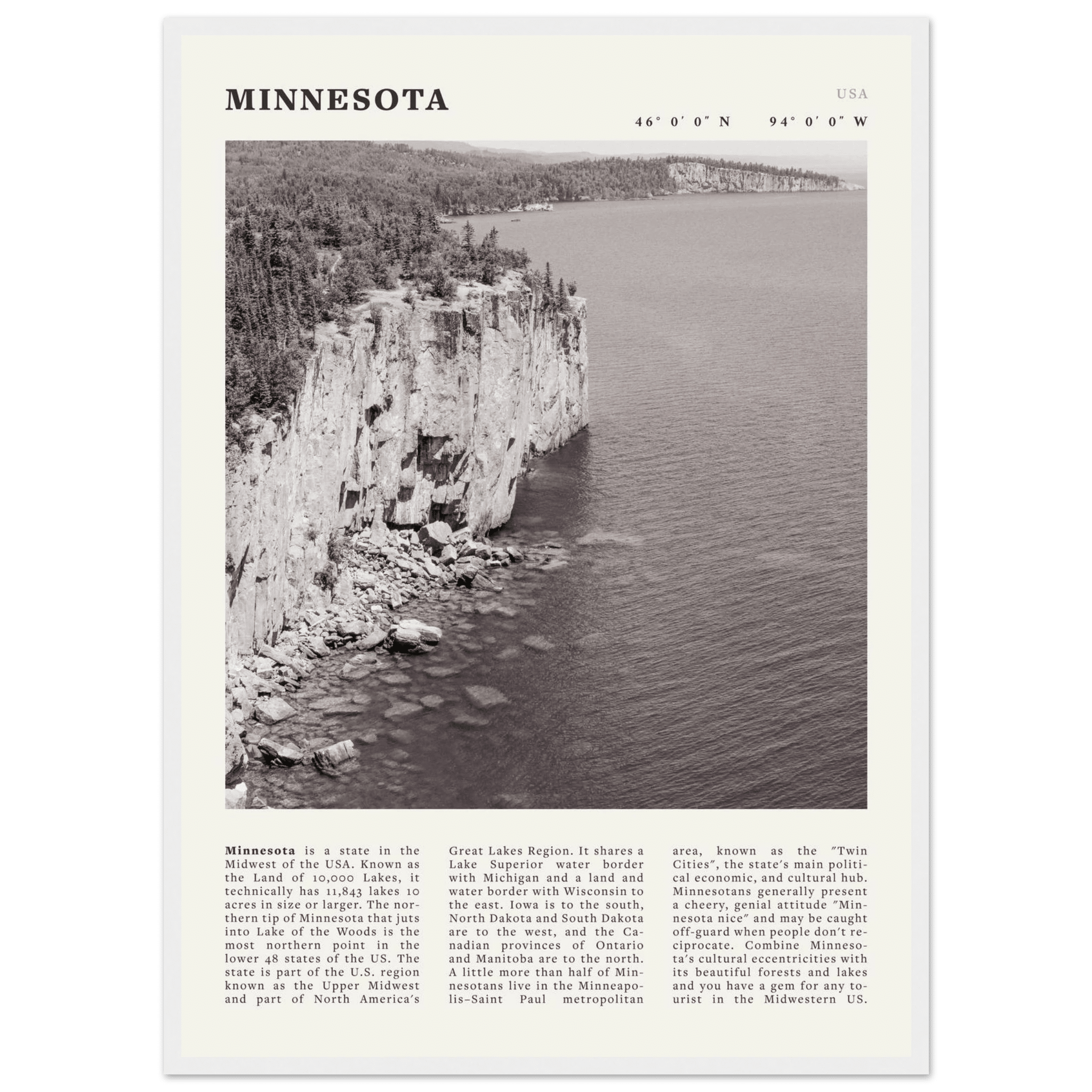 Minnesota Poster | Black & White Lake Superior Wall Art | USA Nature Travel Print - Evergreen Posters