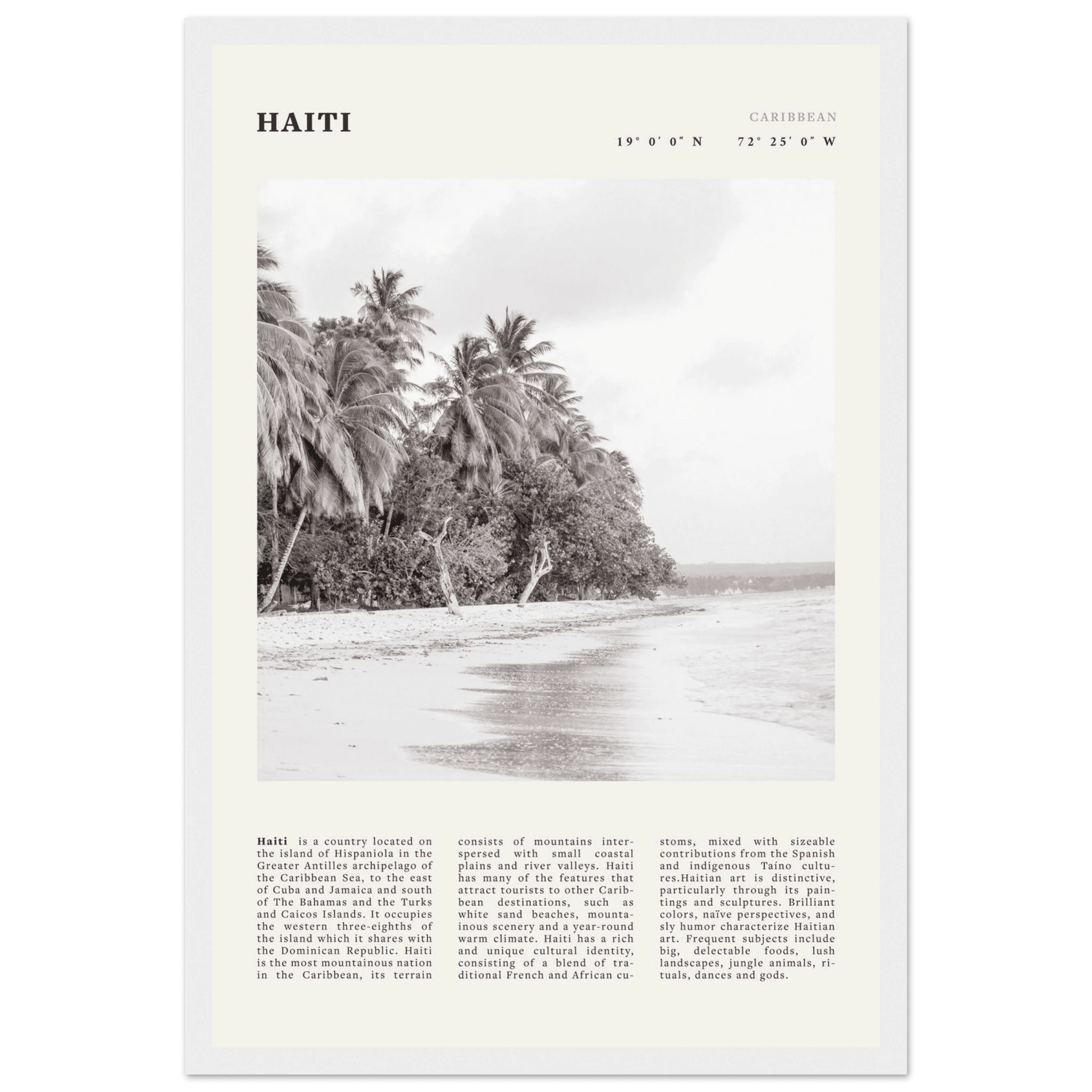 Haiti Poster | Black & White Caribbean Beach Wall Art | Tropical Travel Print - Evergreen Posters