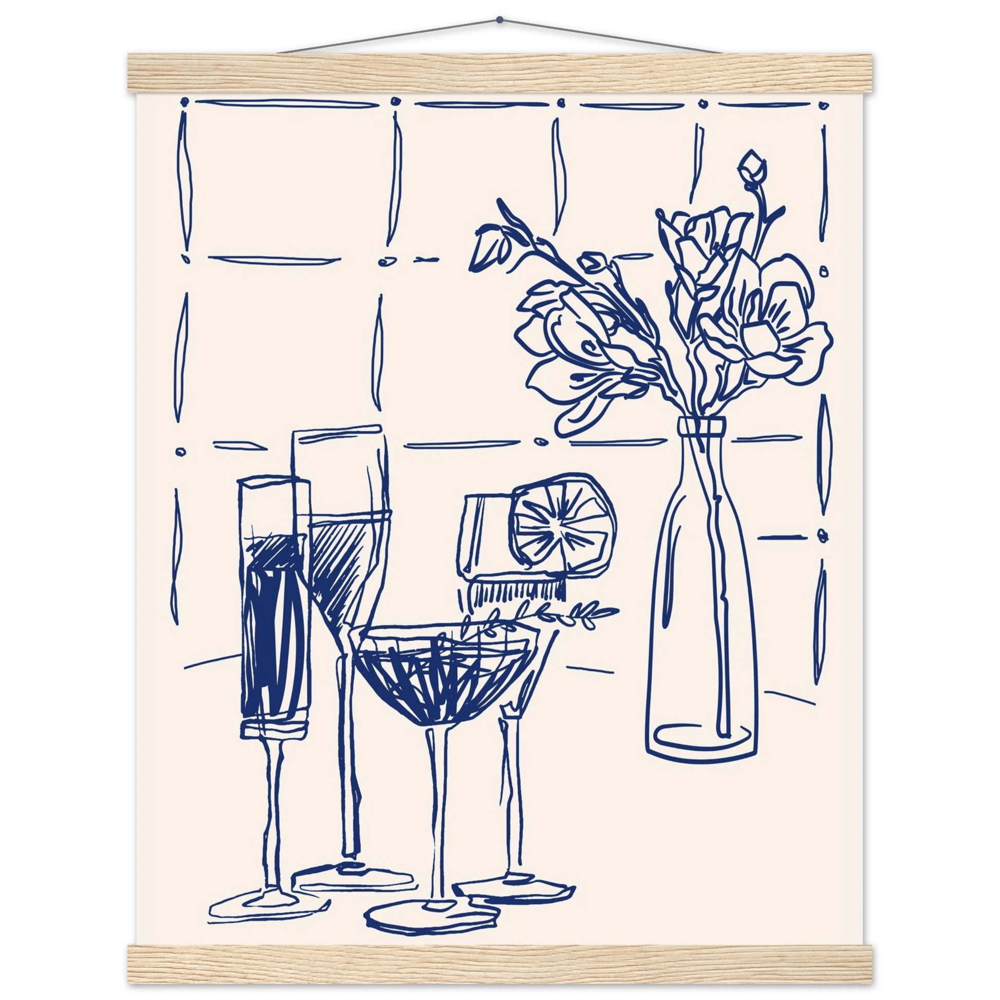 Cocktails & Flowers Print | Navy Blue Line Art Drinks Wall Art | Kitchen Bar Poster - Evergreen Posters