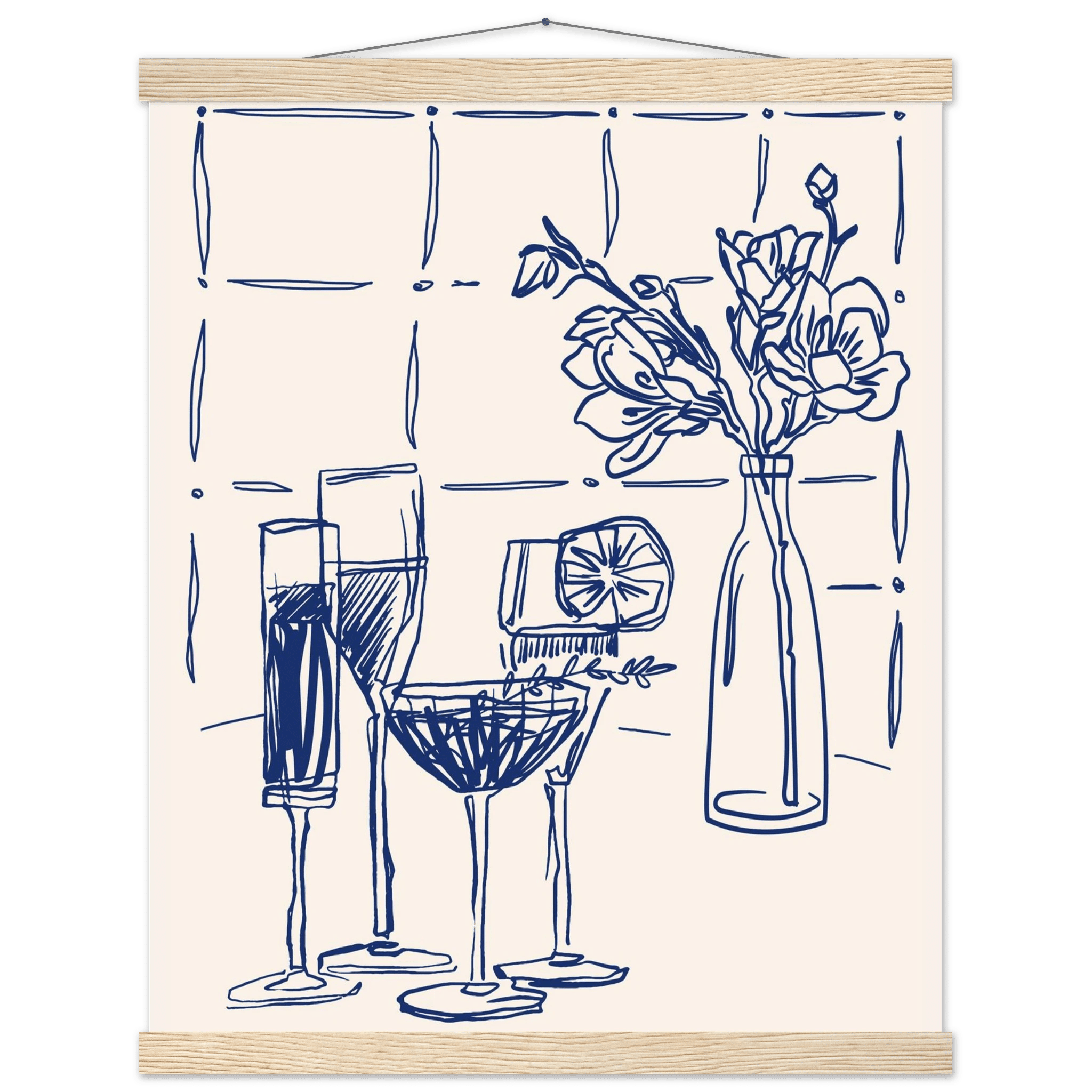 Cocktails & Flowers Print | Navy Blue Line Art Drinks Wall Art | Kitchen Bar Poster - Evergreen Posters