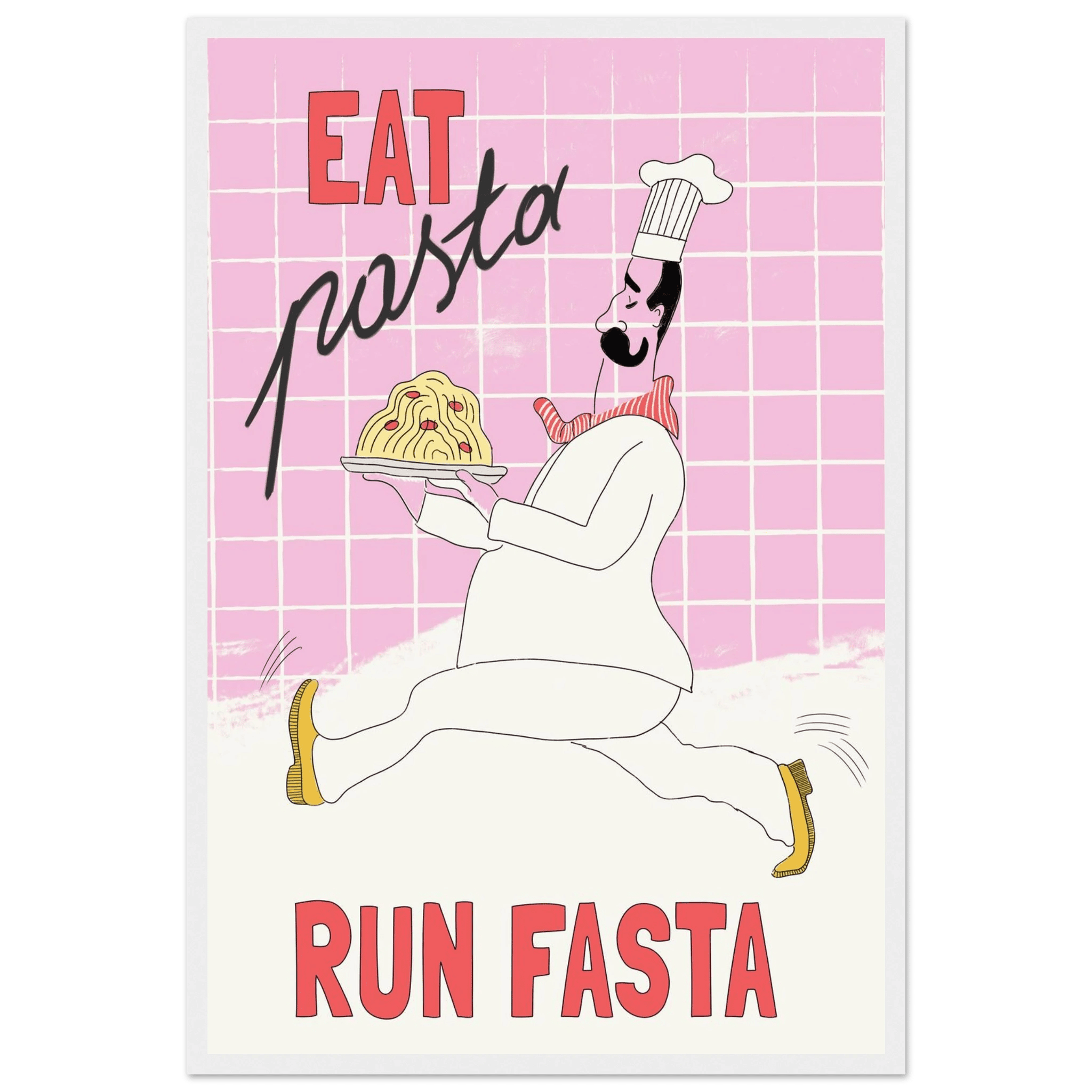 Eat Pasta Run Fasta Poster – Playful Kitchen Wall Art Print (Light Pink) - Evergreen Posters