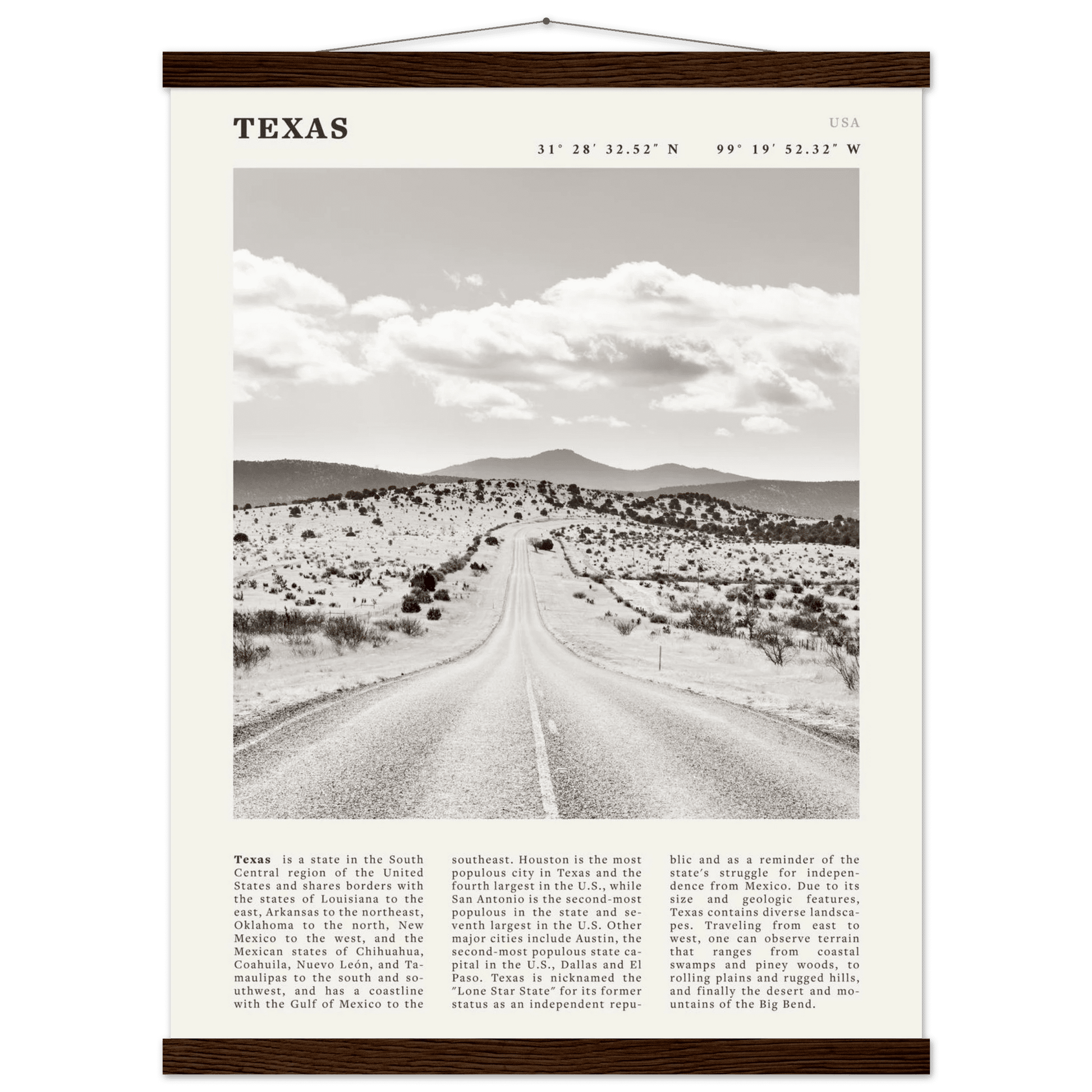 Texas Poster | Black & White Lone Star Road Wall Art | USA Travel Print Decor - Evergreen Posters