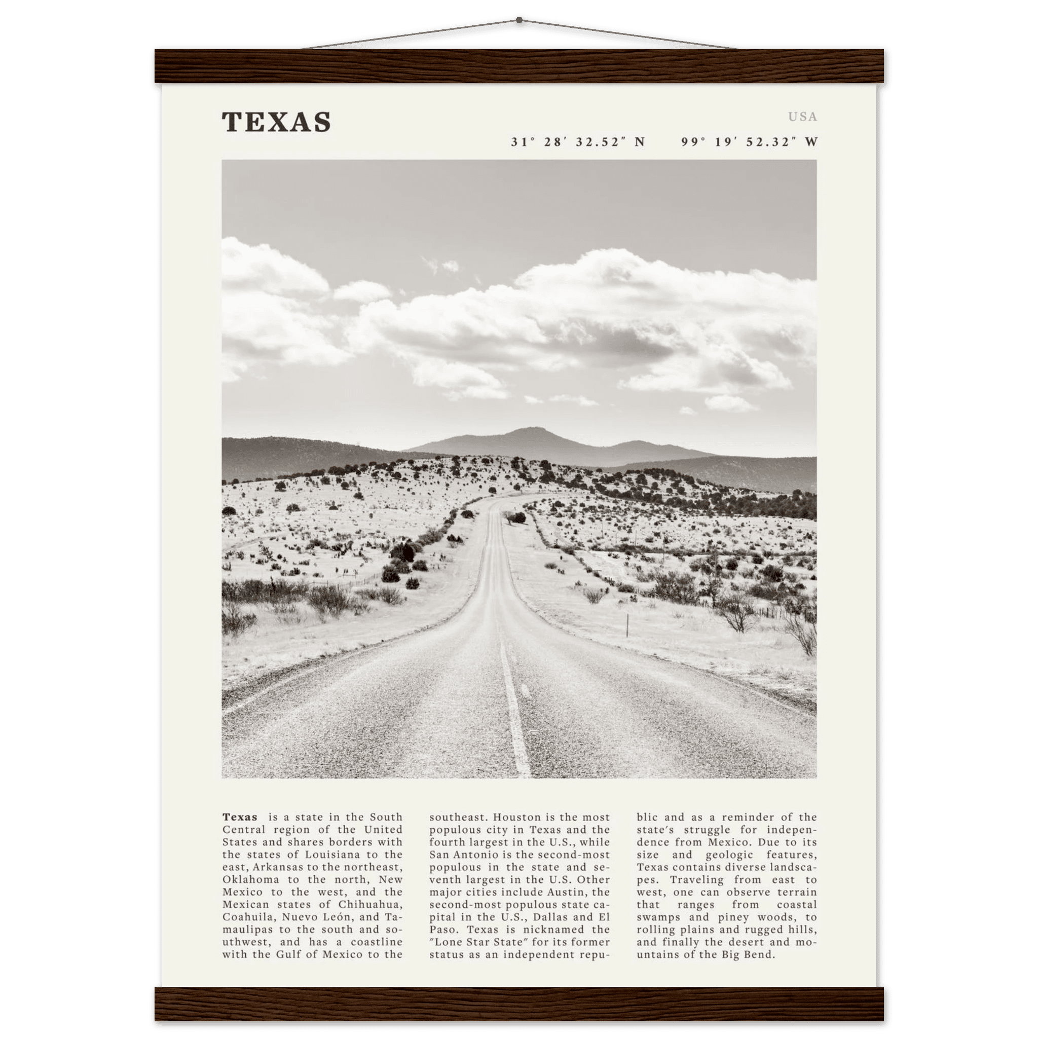 Texas Poster | Black & White Lone Star Road Wall Art | USA Travel Print Decor - Evergreen Posters