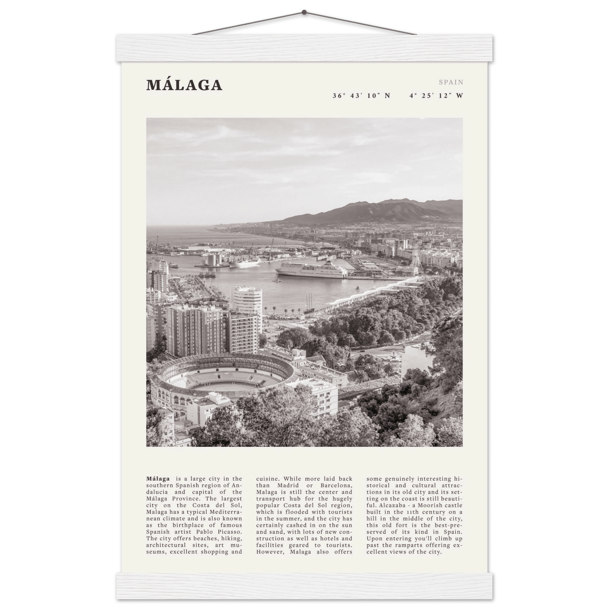 Málaga Poster | Black & White Costa del Sol Wall Art | Spain Travel Print - Evergreen Posters