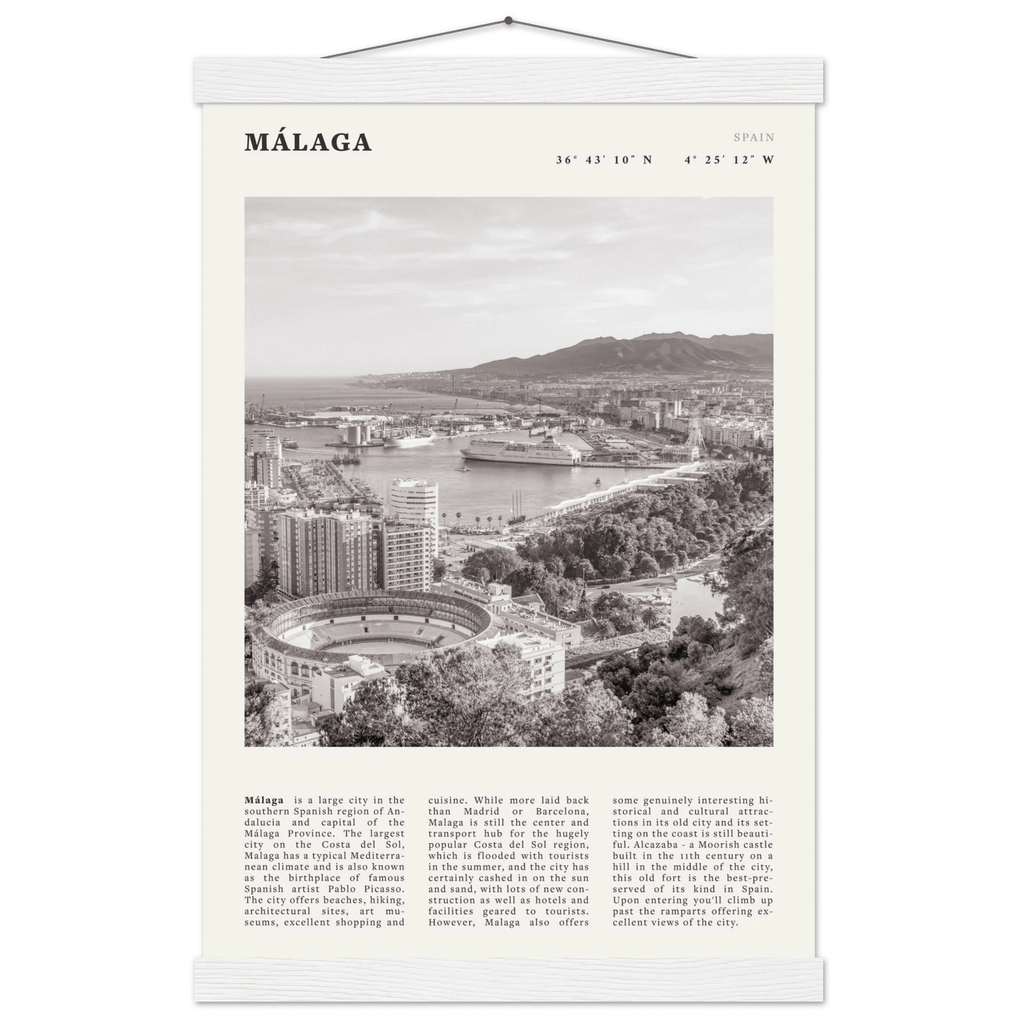 Málaga Poster | Black & White Costa del Sol Wall Art | Spain Travel Print - Evergreen Posters