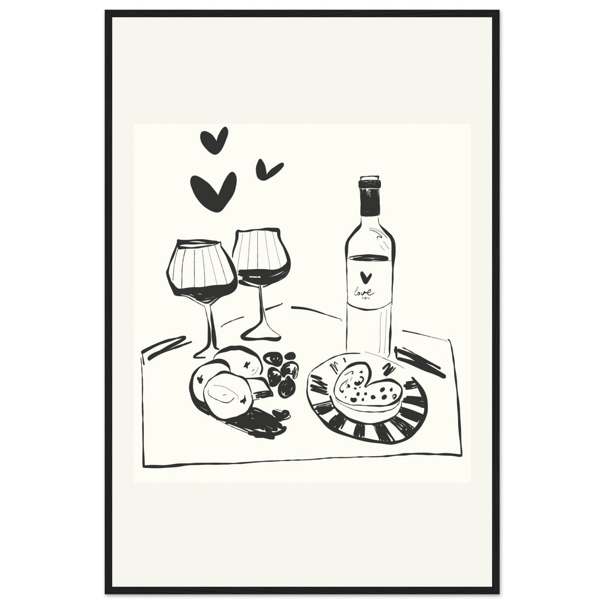 Wine for Two Print | Black Line Art Romantic Kitchen Wall Art | Couples Poster - Evergreen Posters