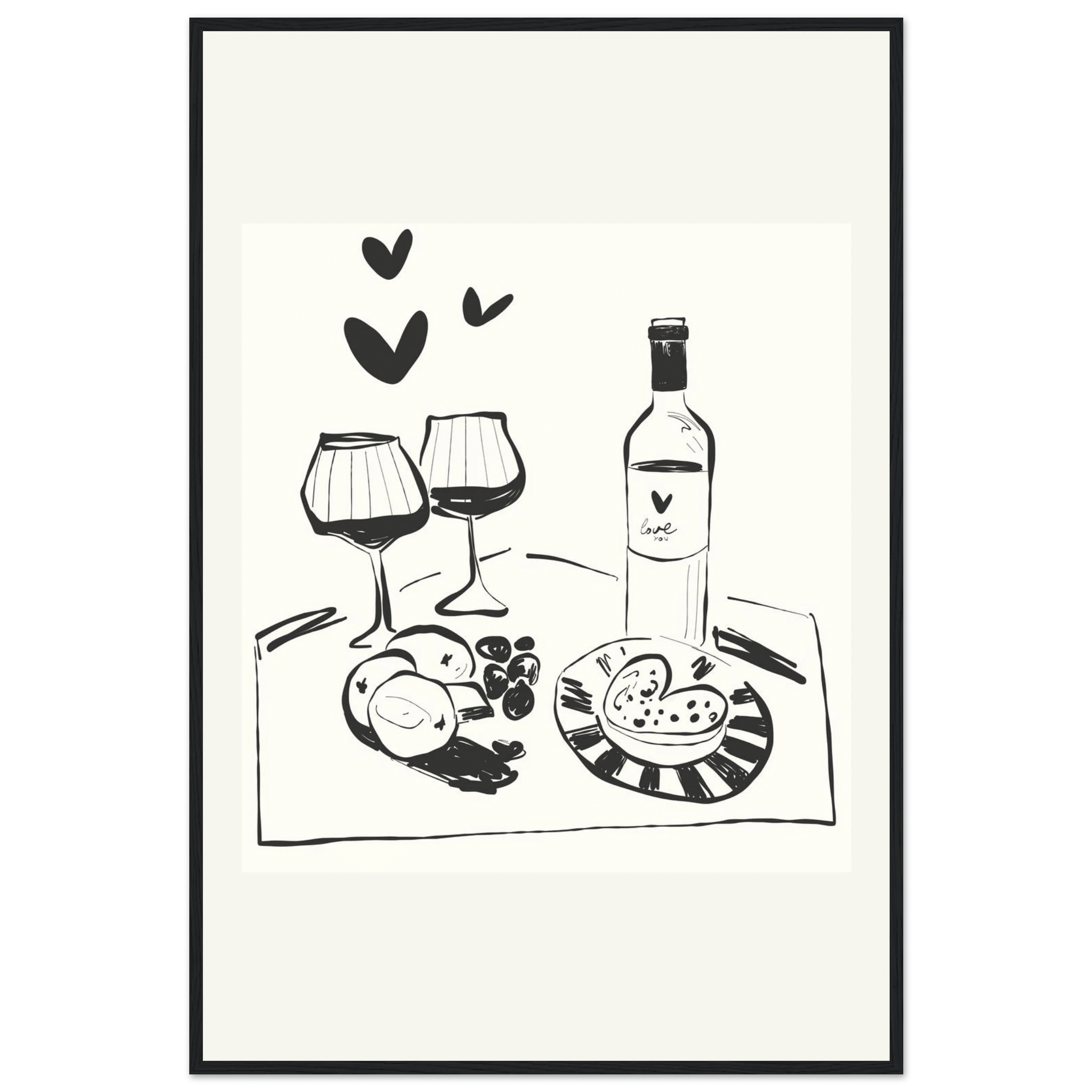 Wine for Two Print | Black Line Art Romantic Kitchen Wall Art | Couples Poster - Evergreen Posters