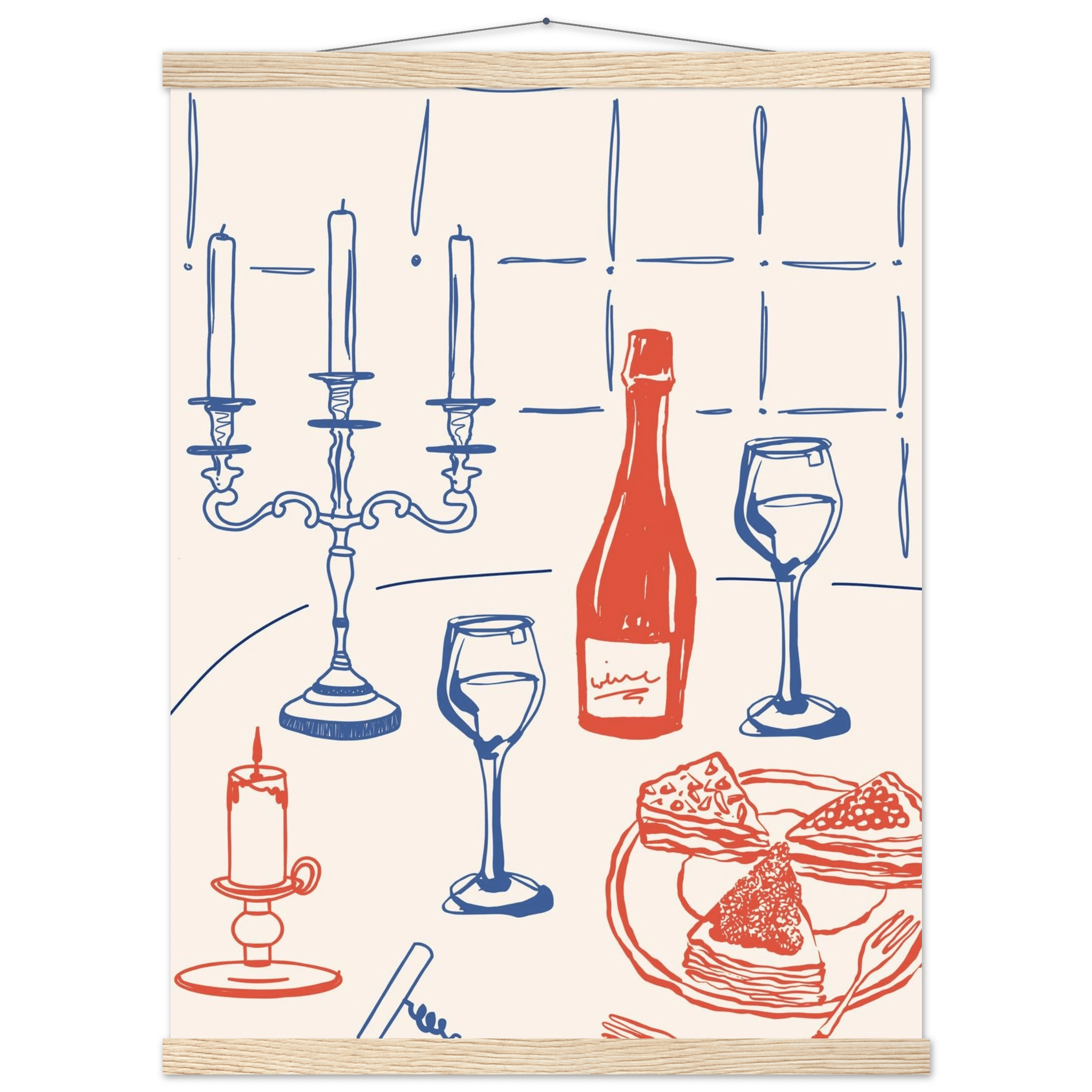 Candlelight Dinner Print | Wine & Candelabra Line Art Wall Art | Kitchen Poster - Evergreen Posters