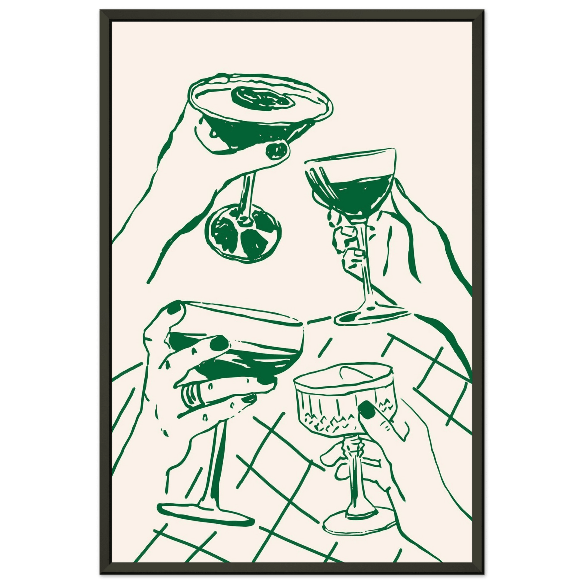 Cheers Print | Forest Green Cocktail Glasses Wall Art | Kitchen Bar Poster - Evergreen Posters