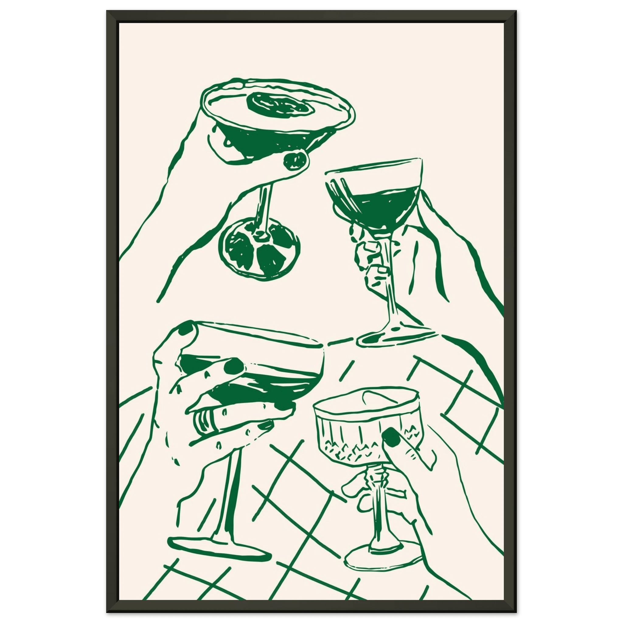 Cheers Print | Forest Green Cocktail Glasses Wall Art | Kitchen Bar Poster - Evergreen Posters
