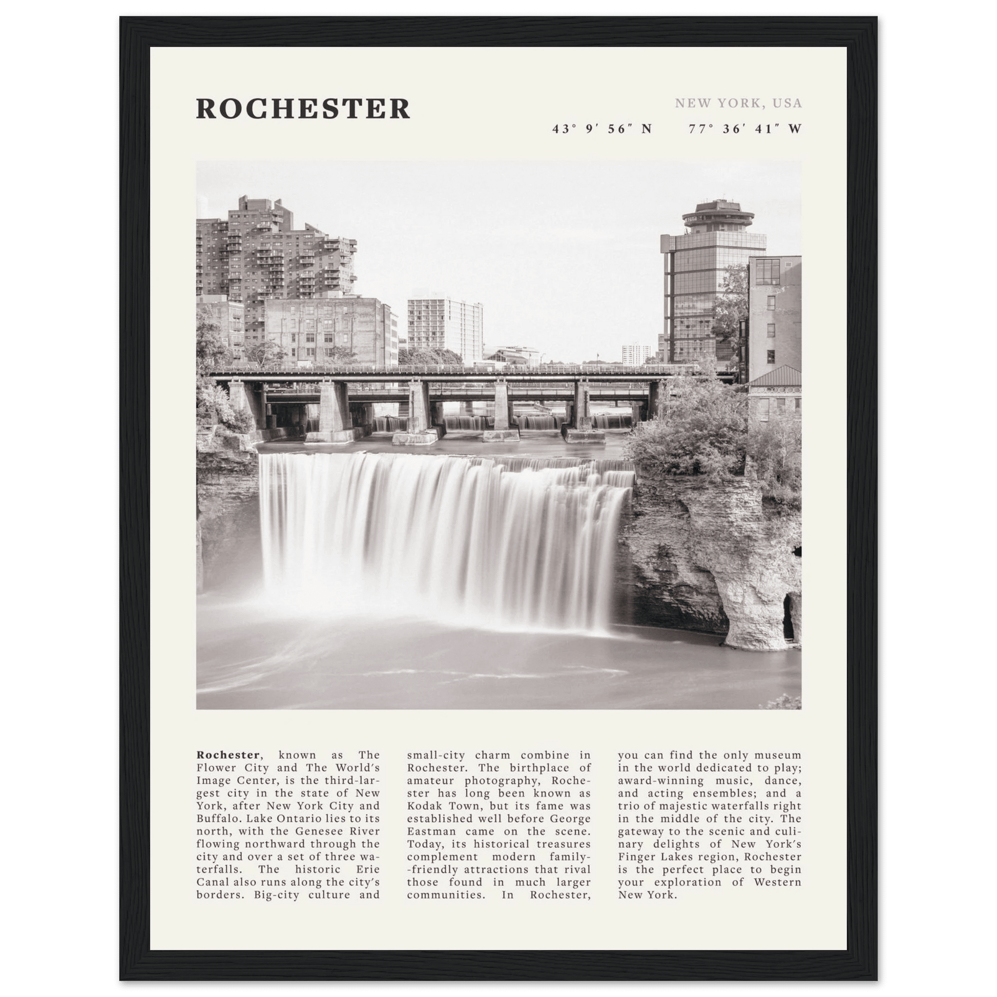 Rochester Poster | Black & White High Falls Wall Art | New York Travel Print - Evergreen Posters