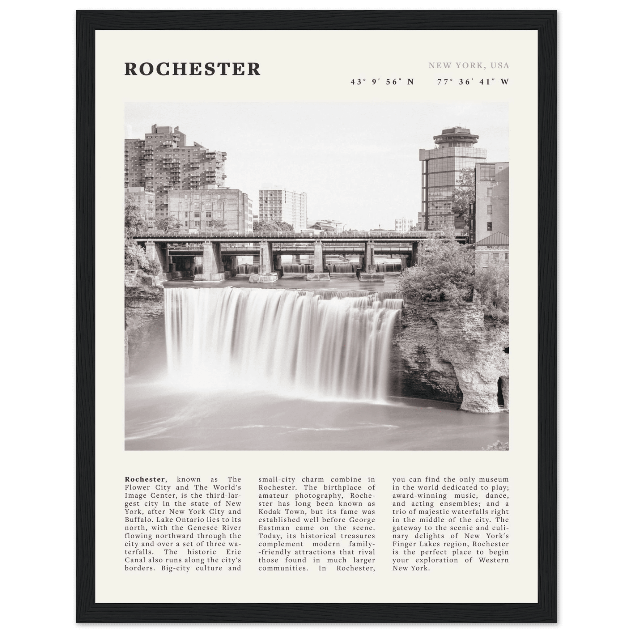 Rochester Poster | Black & White High Falls Wall Art | New York Travel Print - Evergreen Posters