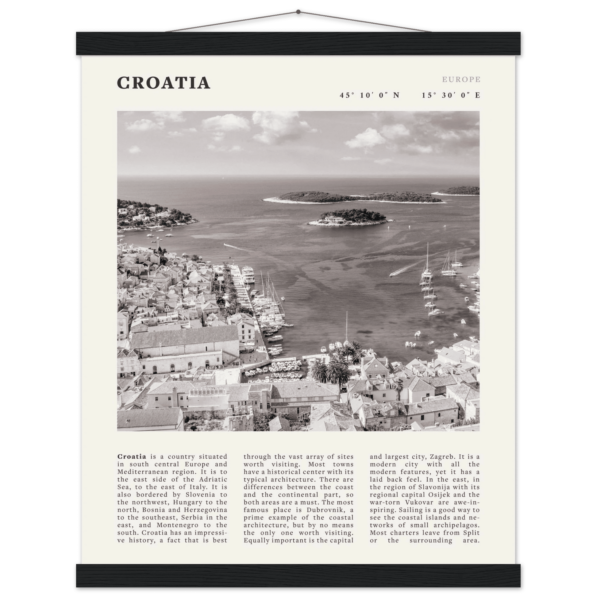 Croatia Poster | Black & White Hvar Island Wall Art | Adriatic Travel Print Decor - Evergreen Posters