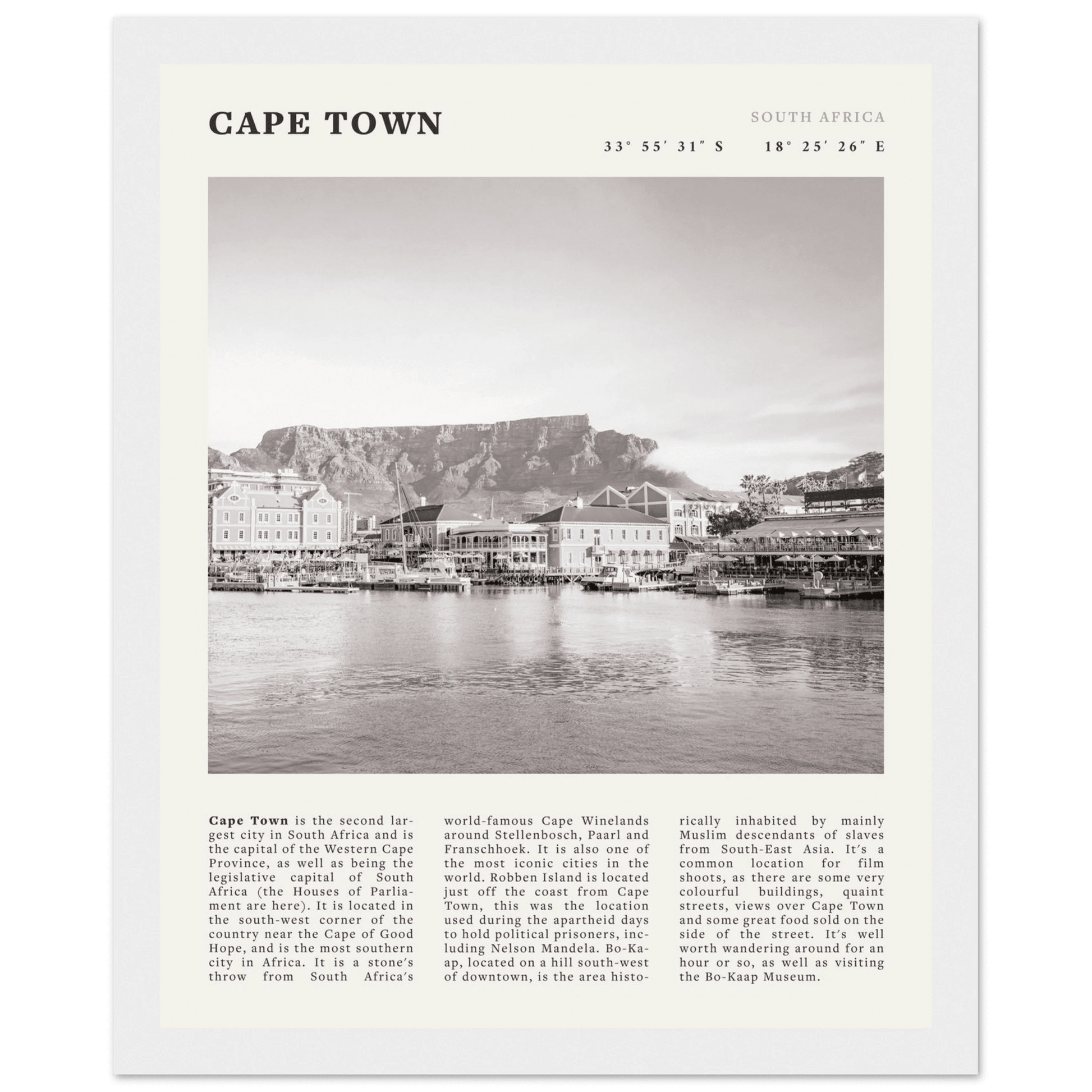 Cape Town Poster | Black & White Table Mountain Wall Art | South Africa Travel Print - Evergreen Posters