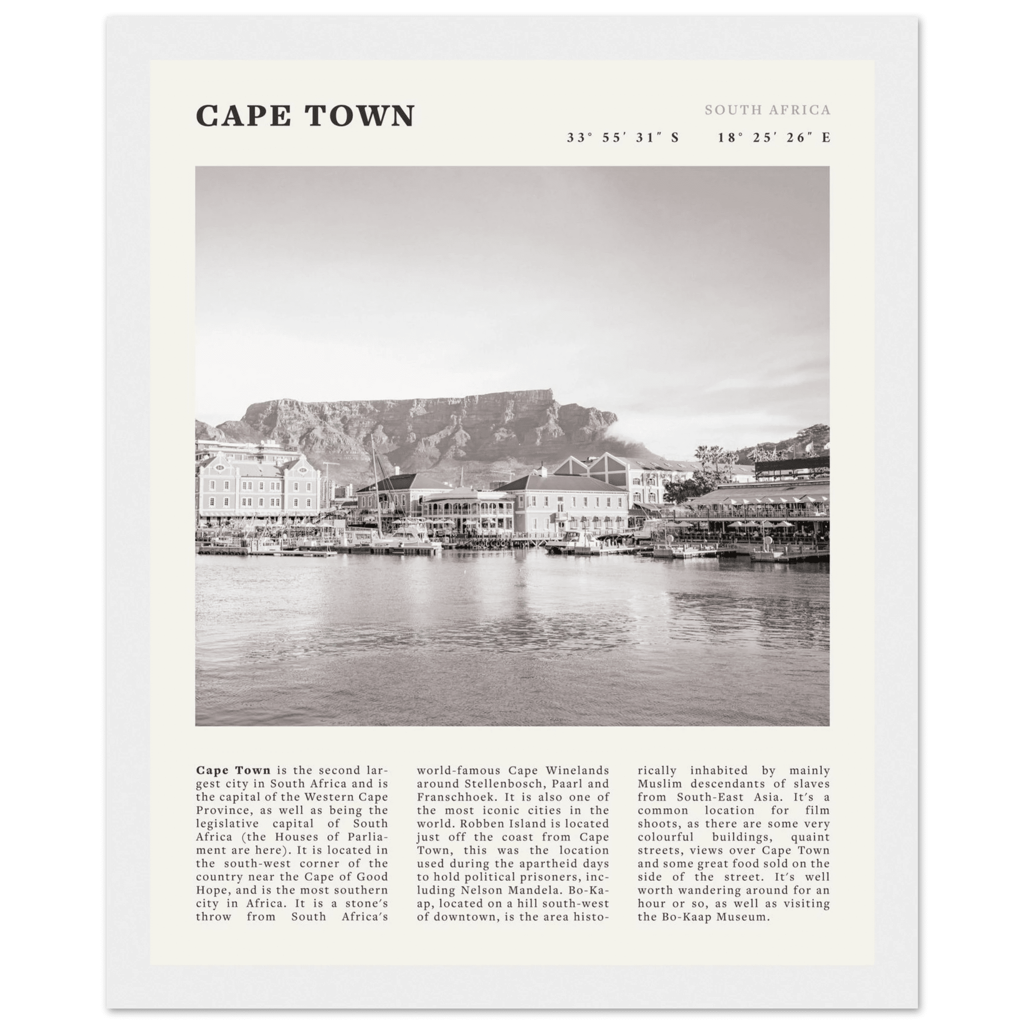 Cape Town Poster | Black & White Table Mountain Wall Art | South Africa Travel Print - Evergreen Posters