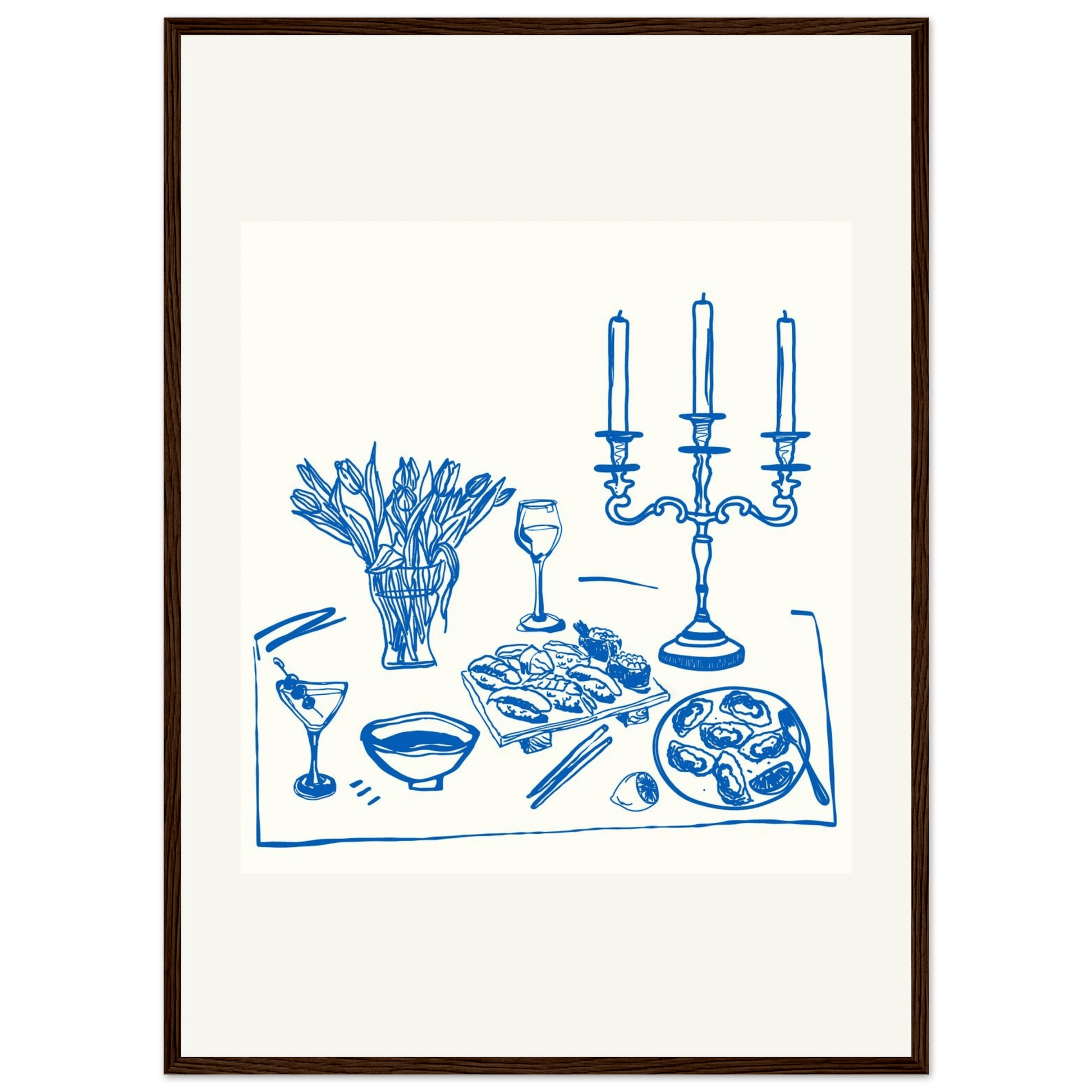Fine Dining Table Print | Blue Line Art Kitchen Wall Art | Elegant Dining Room Poster - Evergreen Posters
