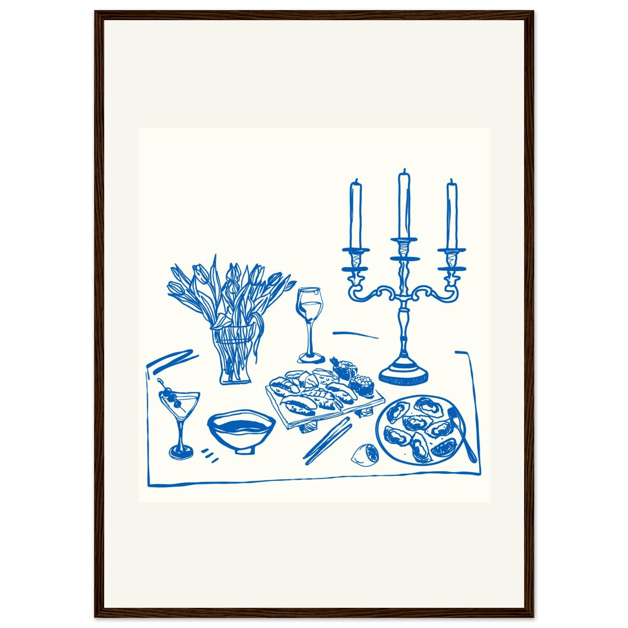 Fine Dining Table Print | Blue Line Art Kitchen Wall Art | Elegant Dining Room Poster - Evergreen Posters