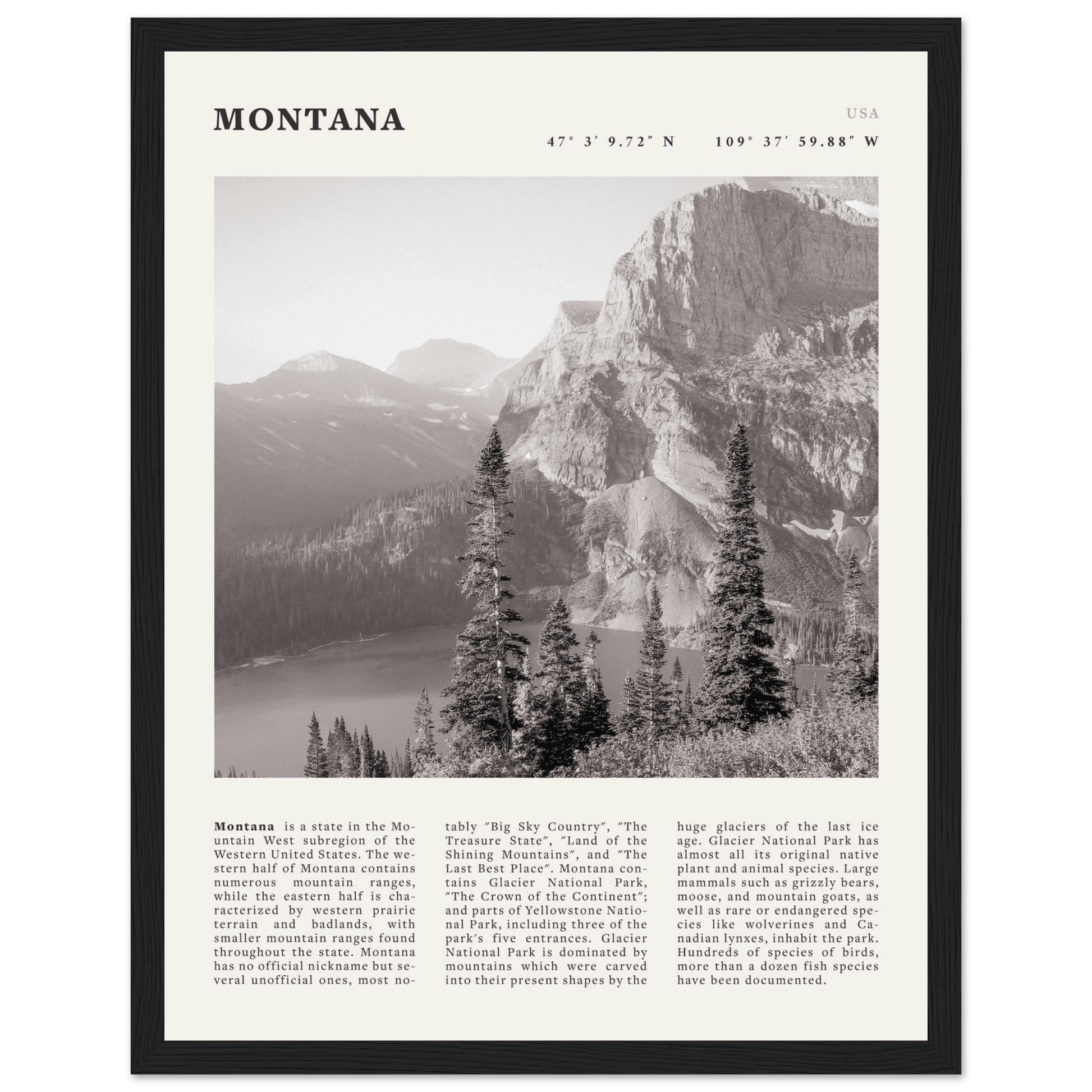 Montana Poster | Black & White Glacier National Park Wall Art | Nature Travel Print - Evergreen Posters