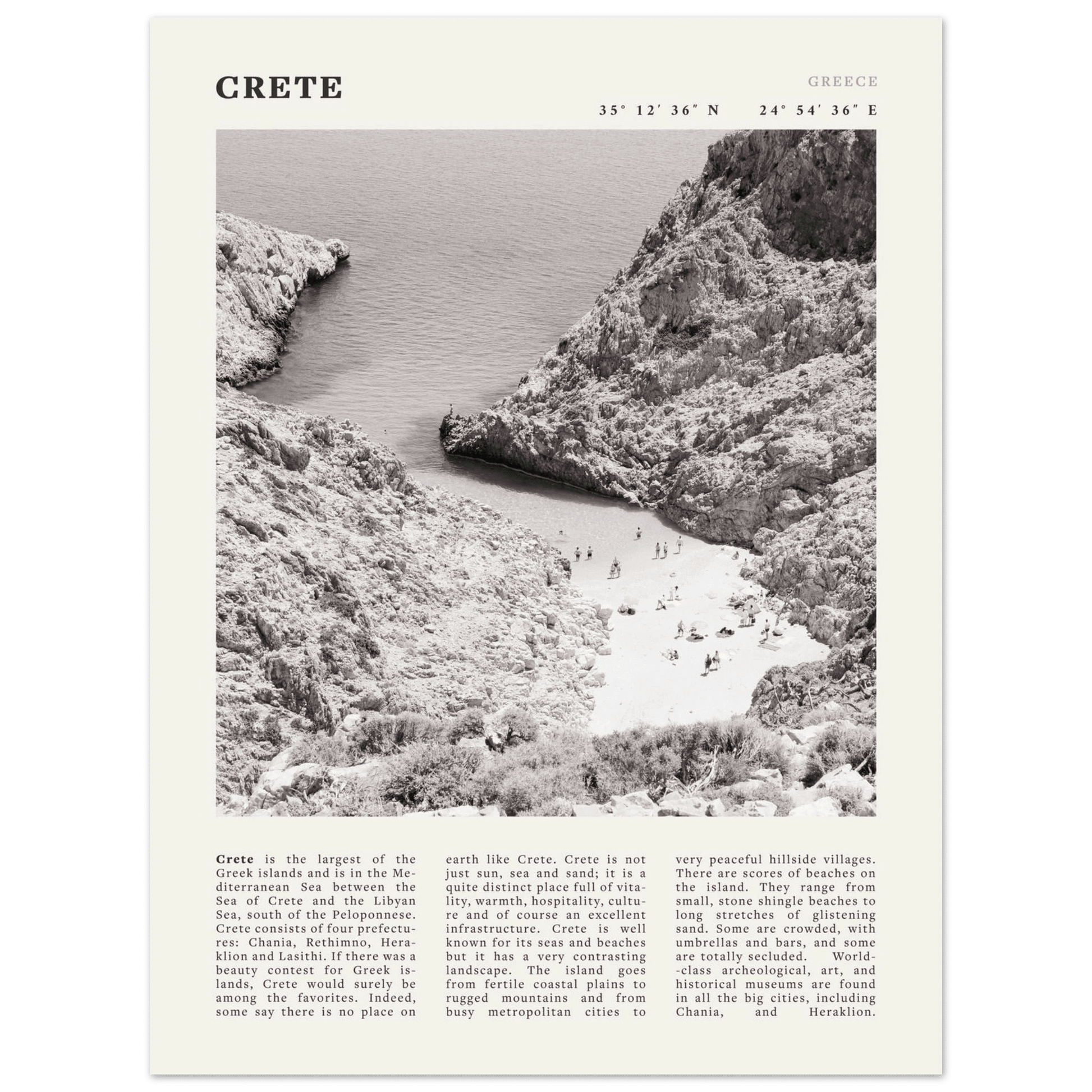 Crete Poster | Black & White Greece Beach Wall Art | Mediterranean Travel Print - Evergreen Posters
