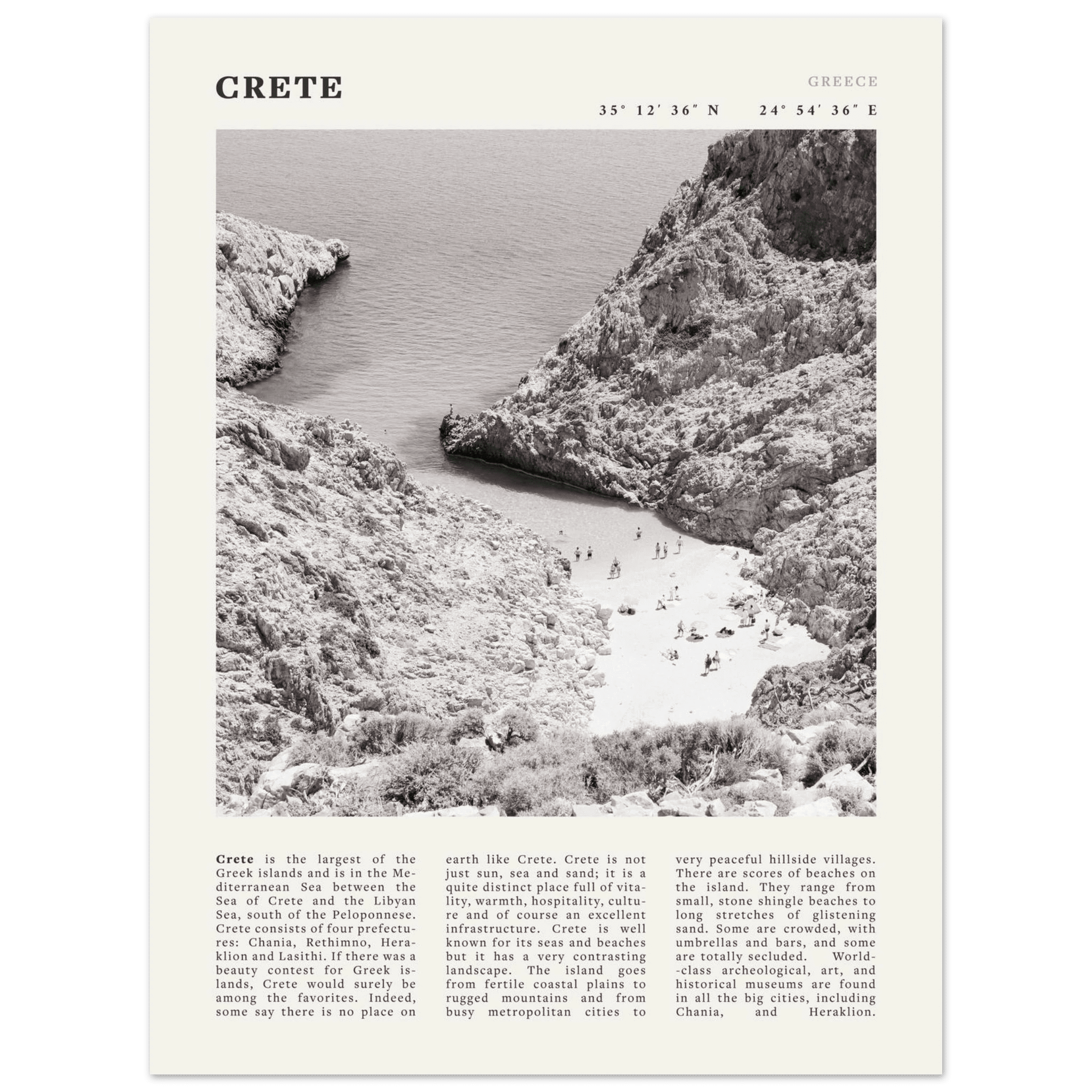 Crete Poster | Black & White Greece Beach Wall Art | Mediterranean Travel Print - Evergreen Posters