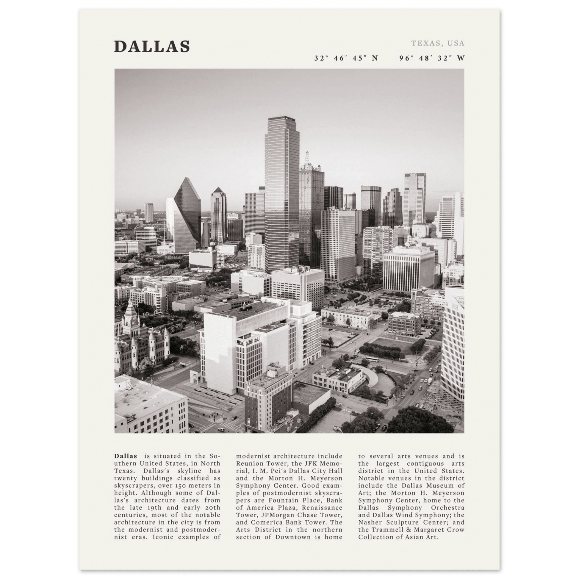 Dallas Poster | Black & White Texas Skyline Wall Art | City Travel Print Decor - Evergreen Posters