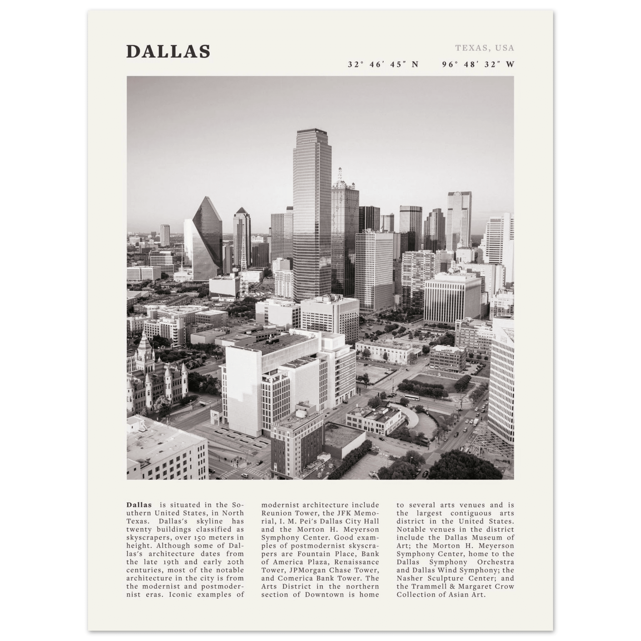 Dallas Poster | Black & White Texas Skyline Wall Art | City Travel Print Decor - Evergreen Posters