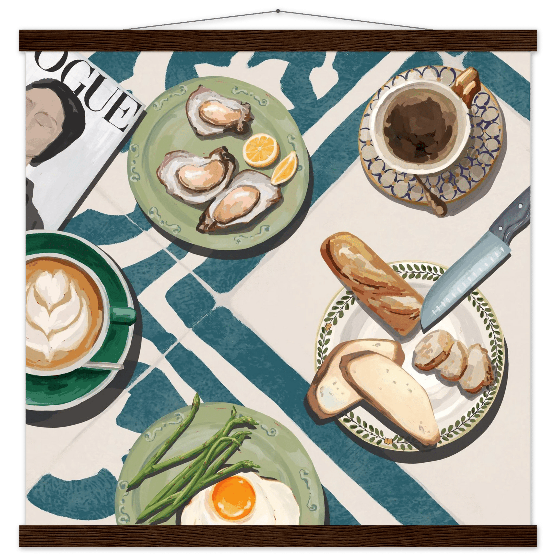 Oysters & Vogue Brunch Poster | Luxury Kitchen Wall Art | Blue Tile Square Print - Evergreen Posters - 37