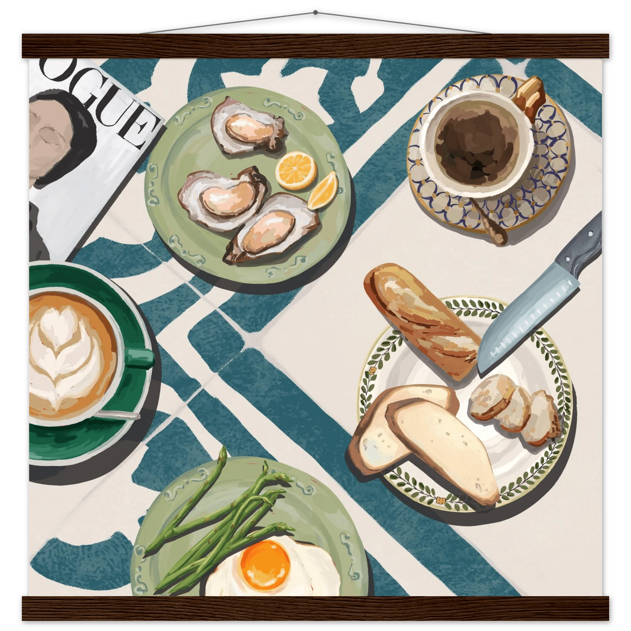 Oysters & Vogue Brunch Poster | Luxury Kitchen Wall Art | Blue Tile Square Print - Evergreen Posters - 37
