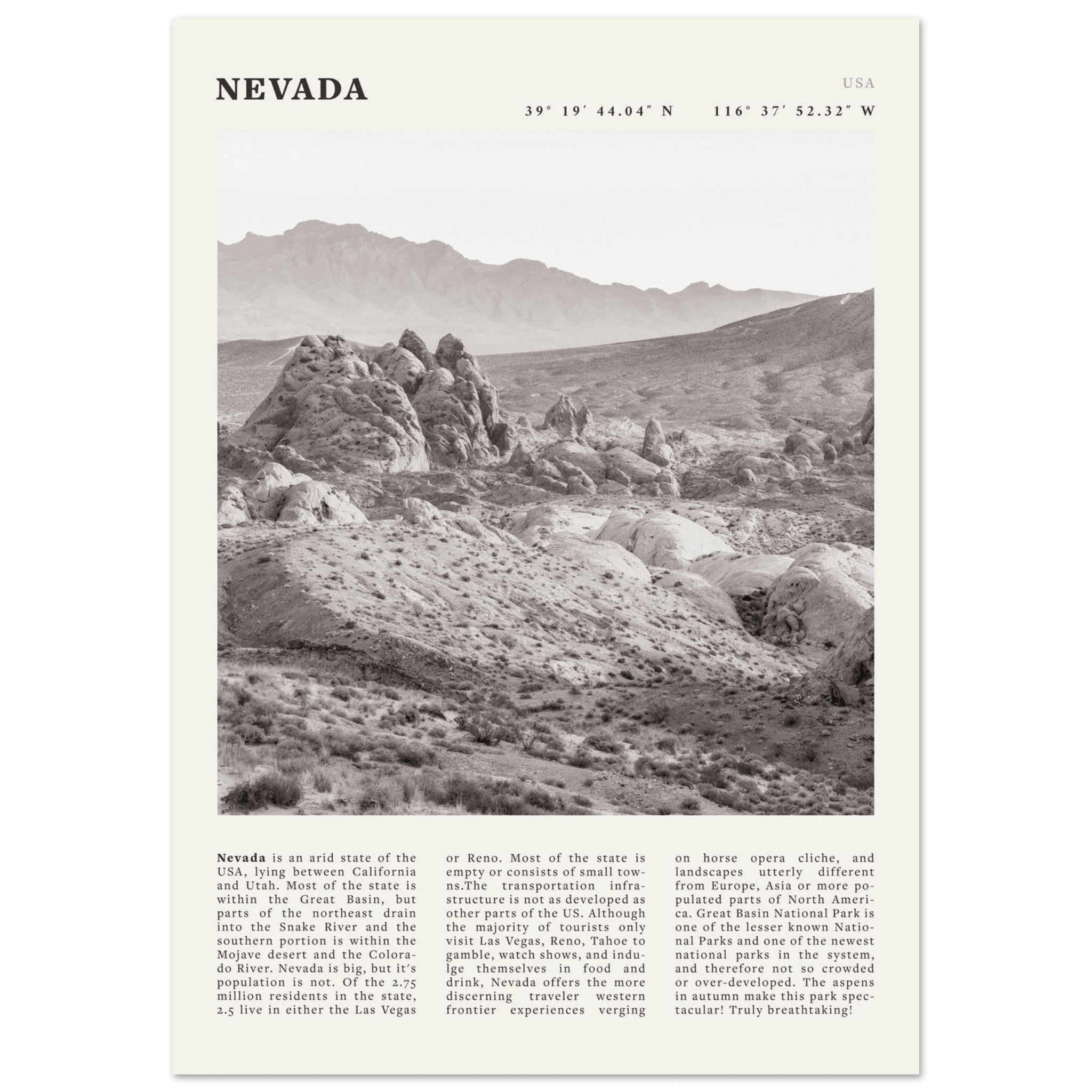 Nevada Poster | Black & White Desert Landscape Wall Art | USA Travel Print Decor - Evergreen Posters