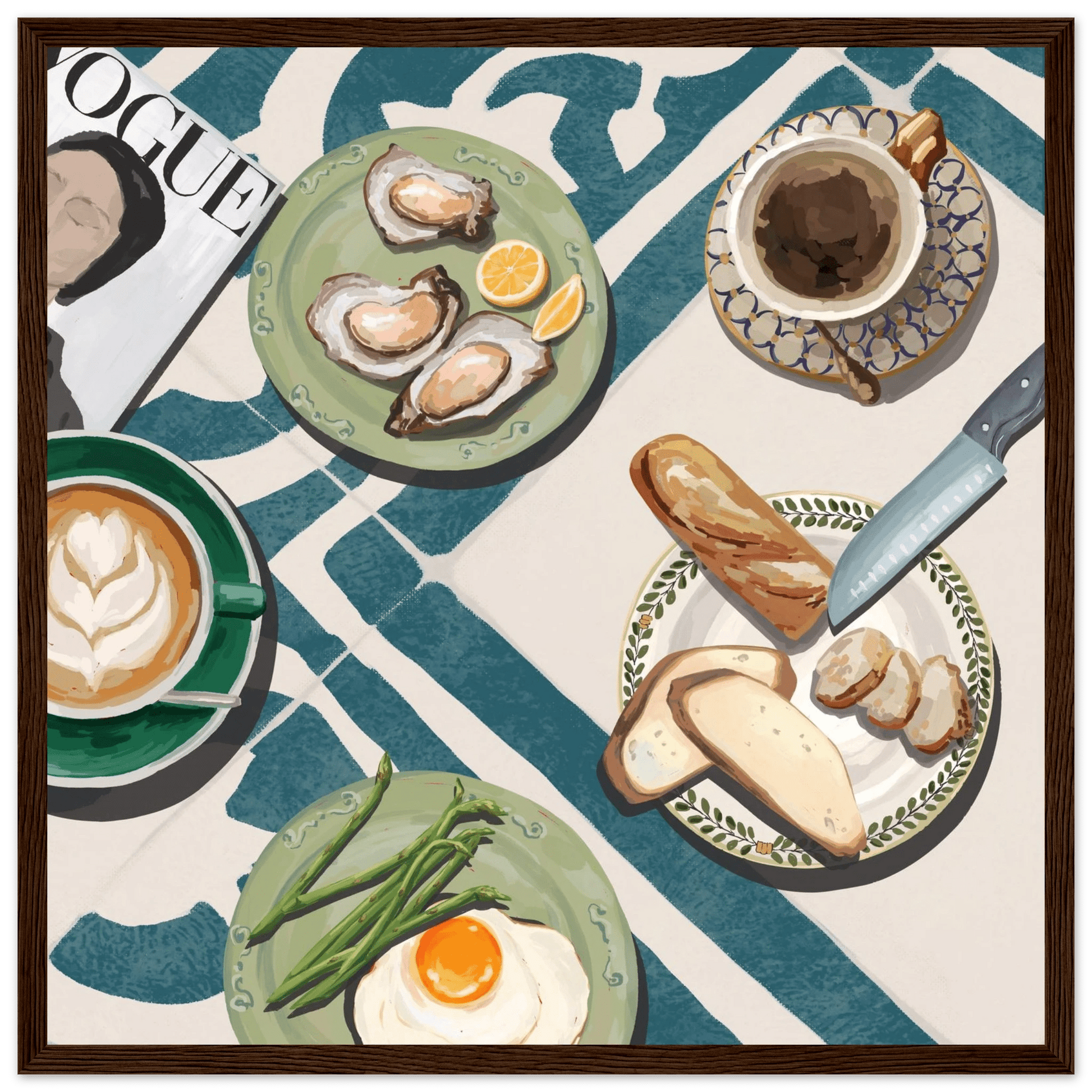 Oysters & Vogue Brunch Poster | Luxury Kitchen Wall Art | Blue Tile Square Print - Evergreen Posters - 9