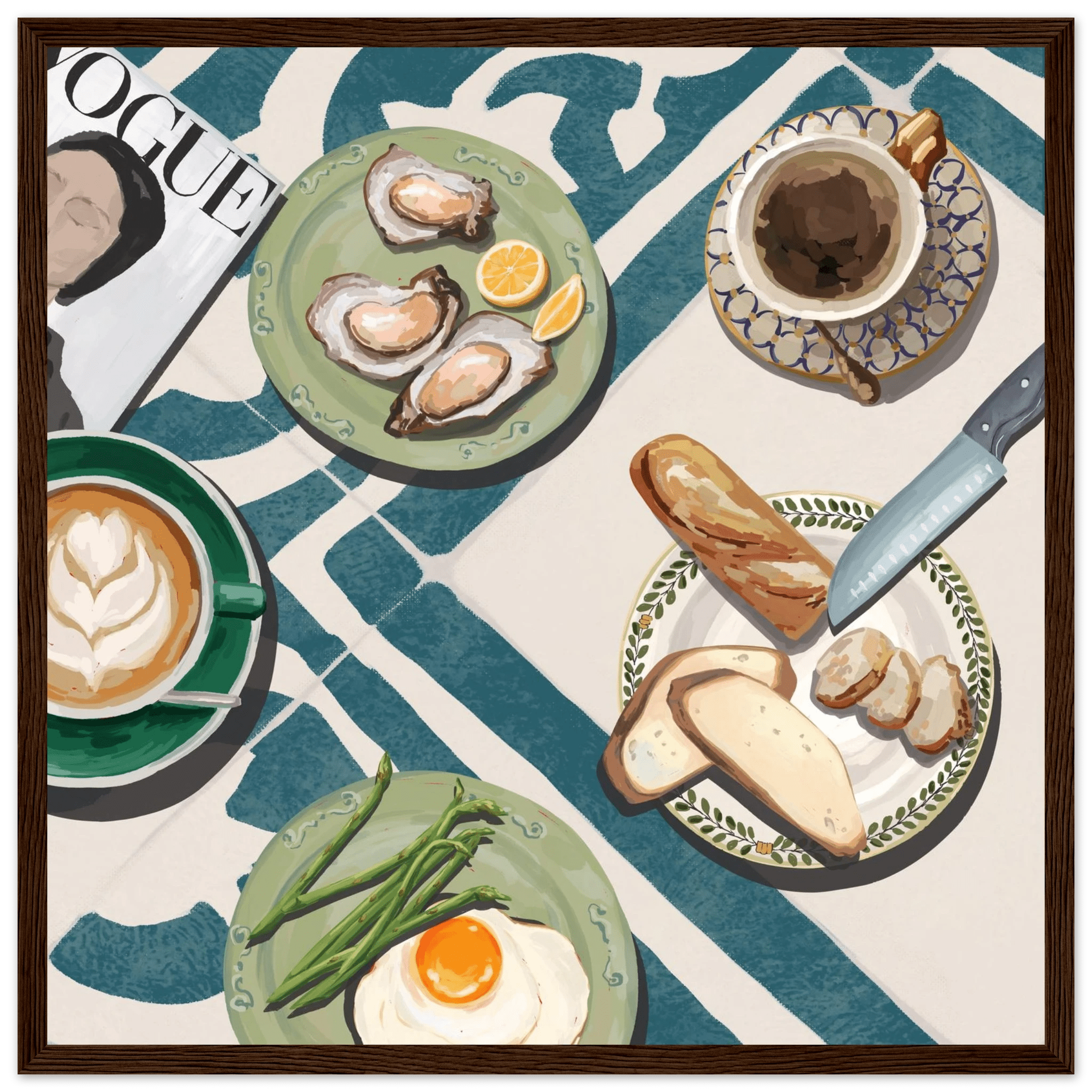Oysters & Vogue Brunch Poster | Luxury Kitchen Wall Art | Blue Tile Square Print - Evergreen Posters - 9