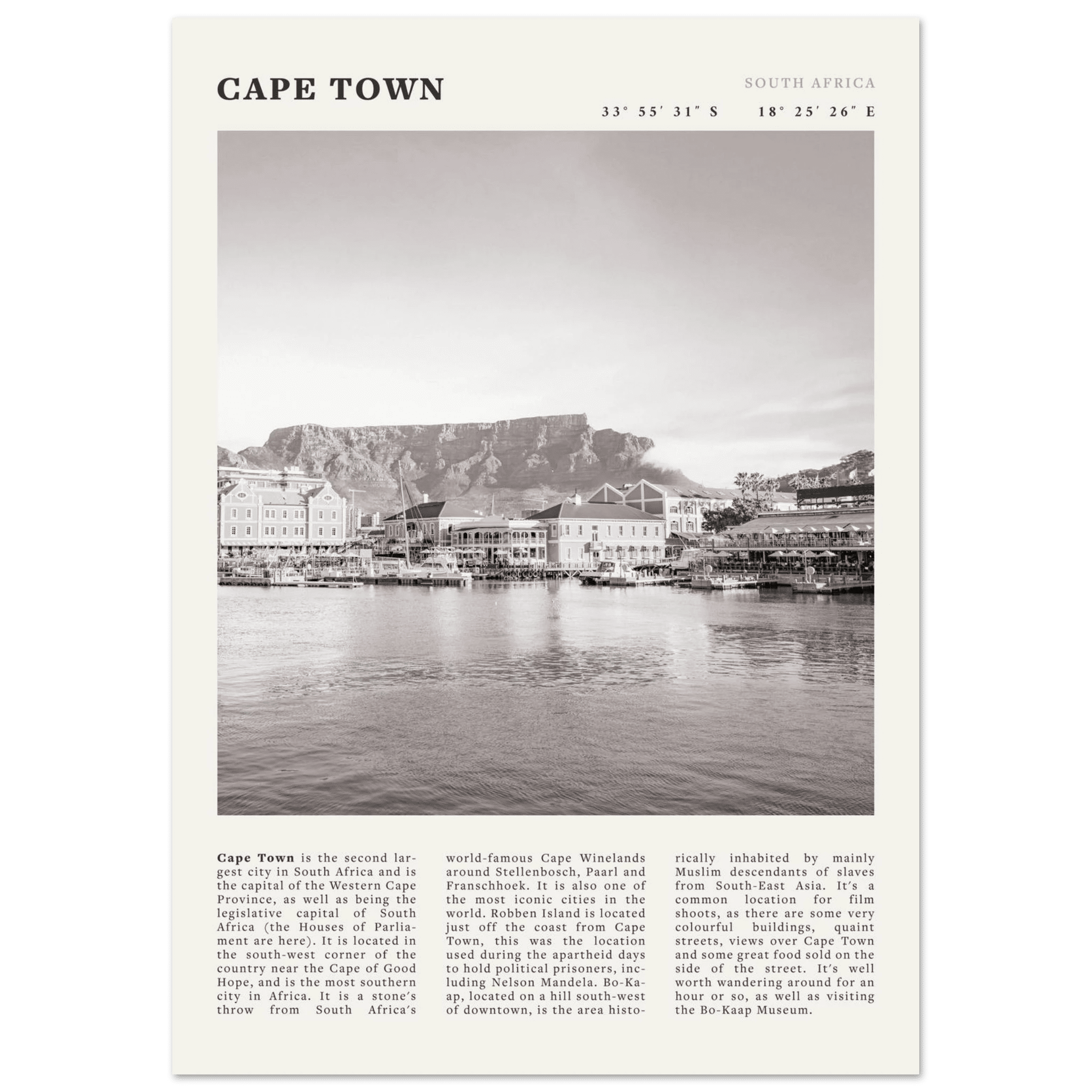 Cape Town Poster | Black & White Table Mountain Wall Art | South Africa Travel Print - Evergreen Posters