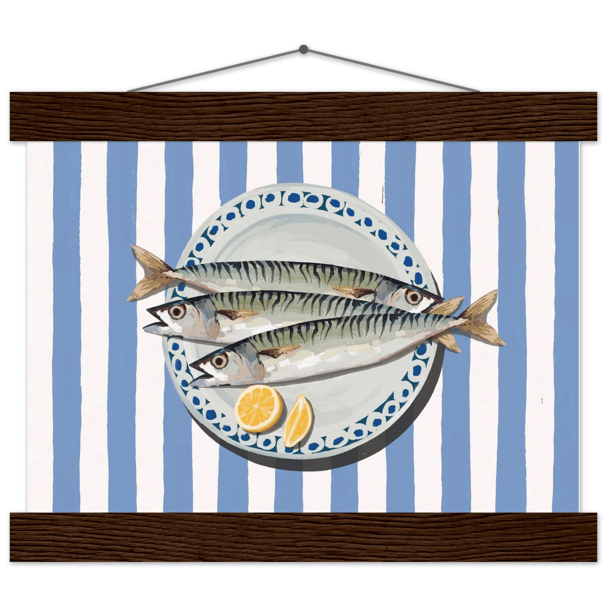Sardines Print | Blue Stripe Fish Kitchen Wall Art | Coastal Food Poster - Evergreen Posters
