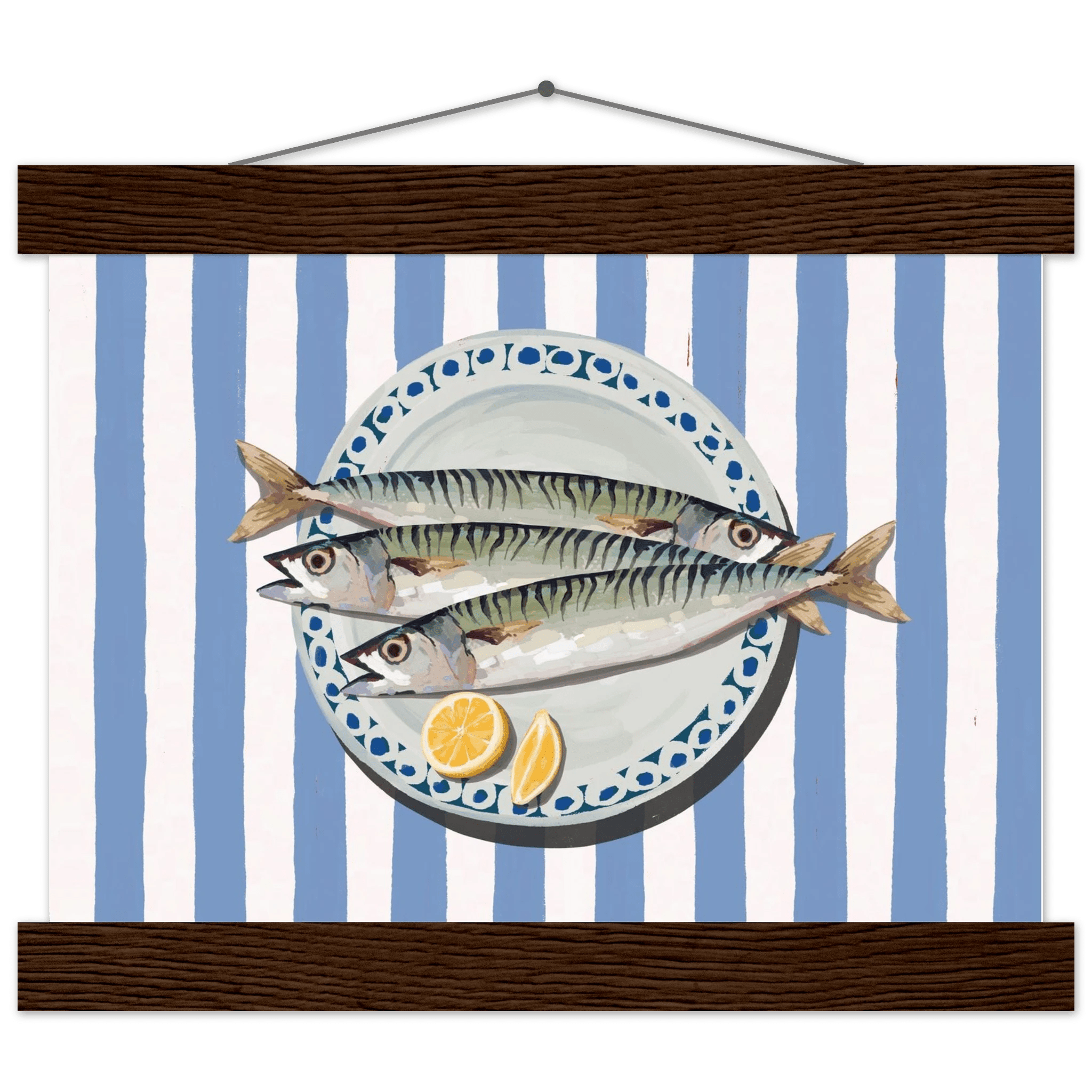 Sardines Print | Blue Stripe Fish Kitchen Wall Art | Coastal Food Poster - Evergreen Posters