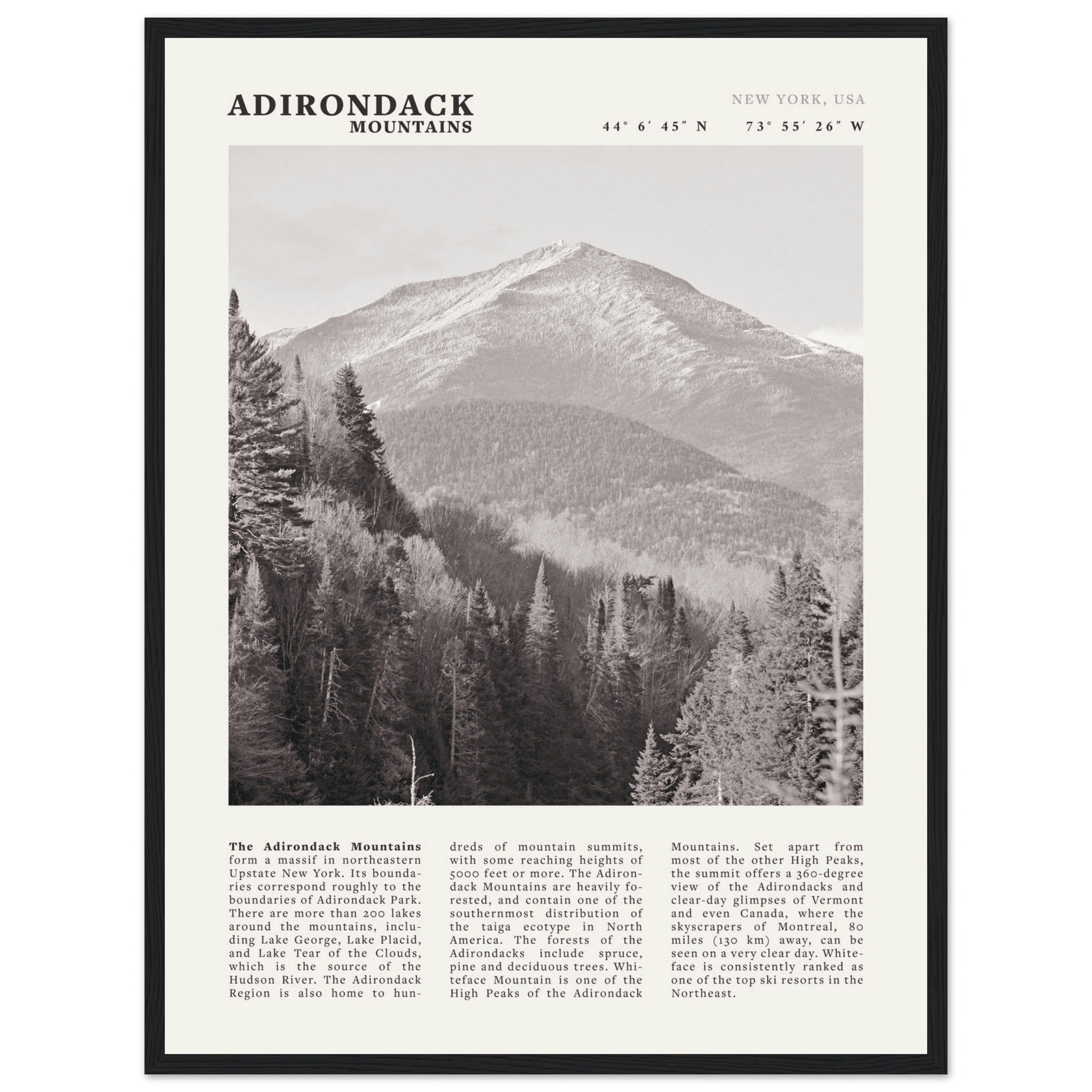 Adirondack Mountains Poster | Black & White New York Nature Wall Art | Hiking Print - Evergreen Posters