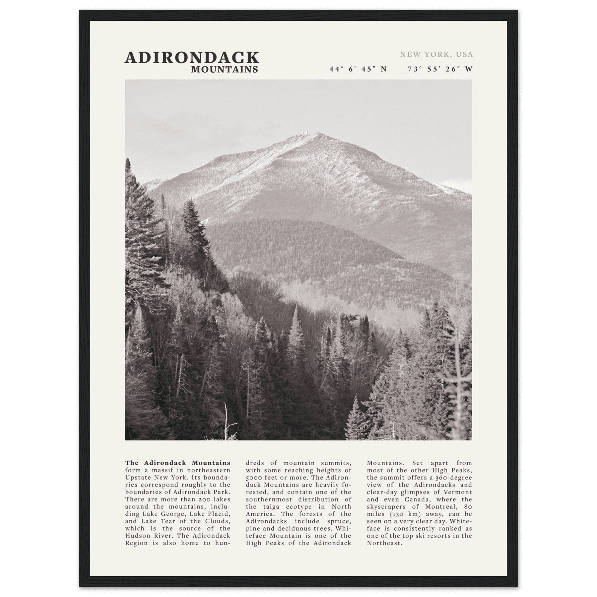 Adirondack Mountains Poster | Black & White New York Nature Wall Art | Hiking Print - Evergreen Posters