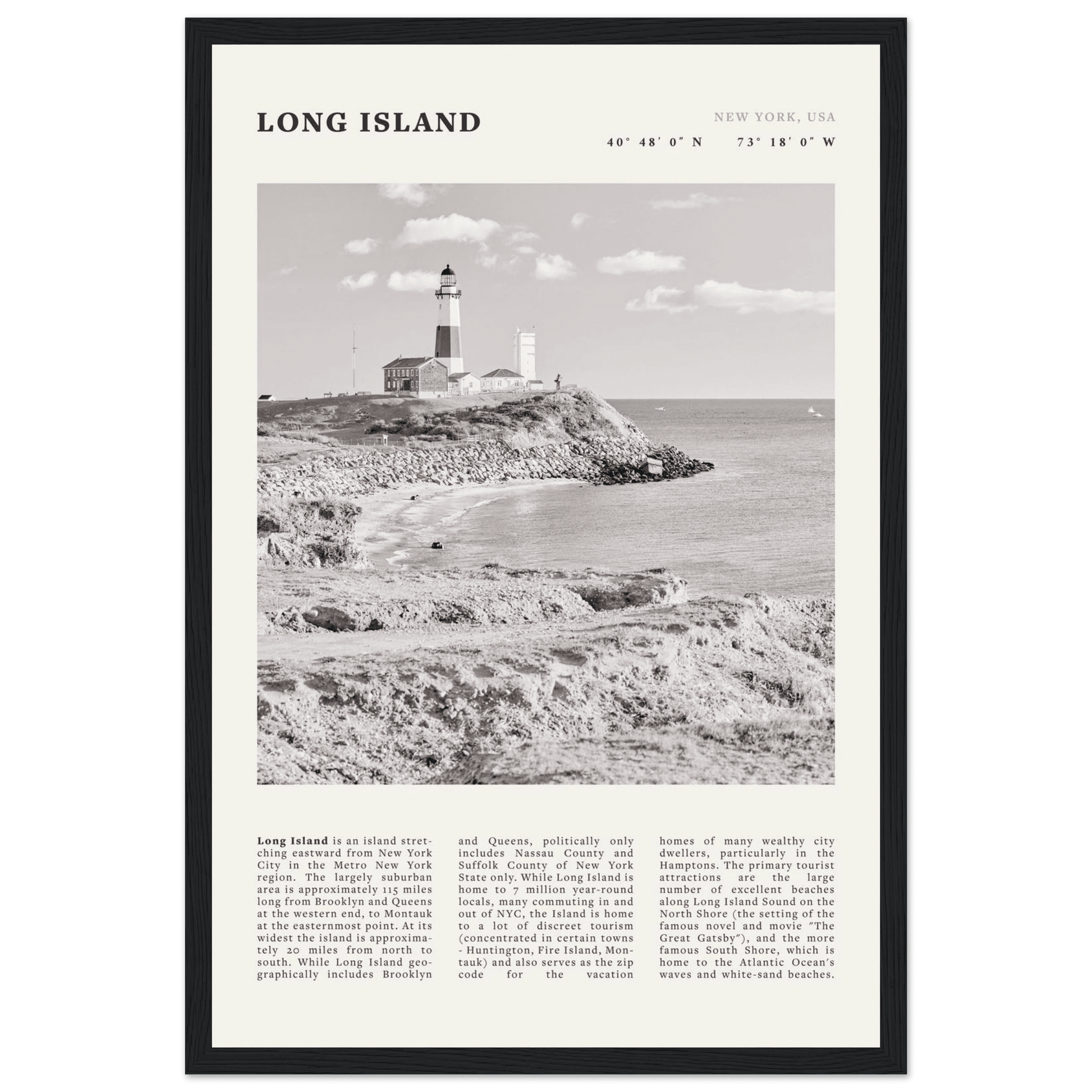 Long Island Poster | Black & White Montauk Lighthouse Wall Art | New York Print - Evergreen Posters