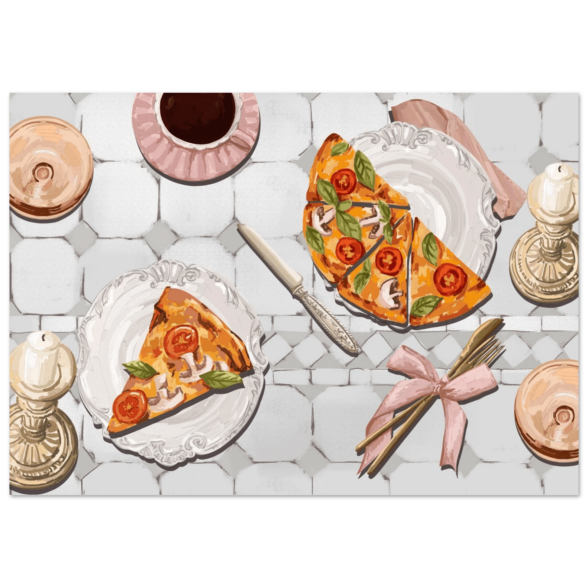 Pizza & Tea Kitchen Poster | Horizontal Food Wall Art | Italian Dining Room Print - Evergreen Posters