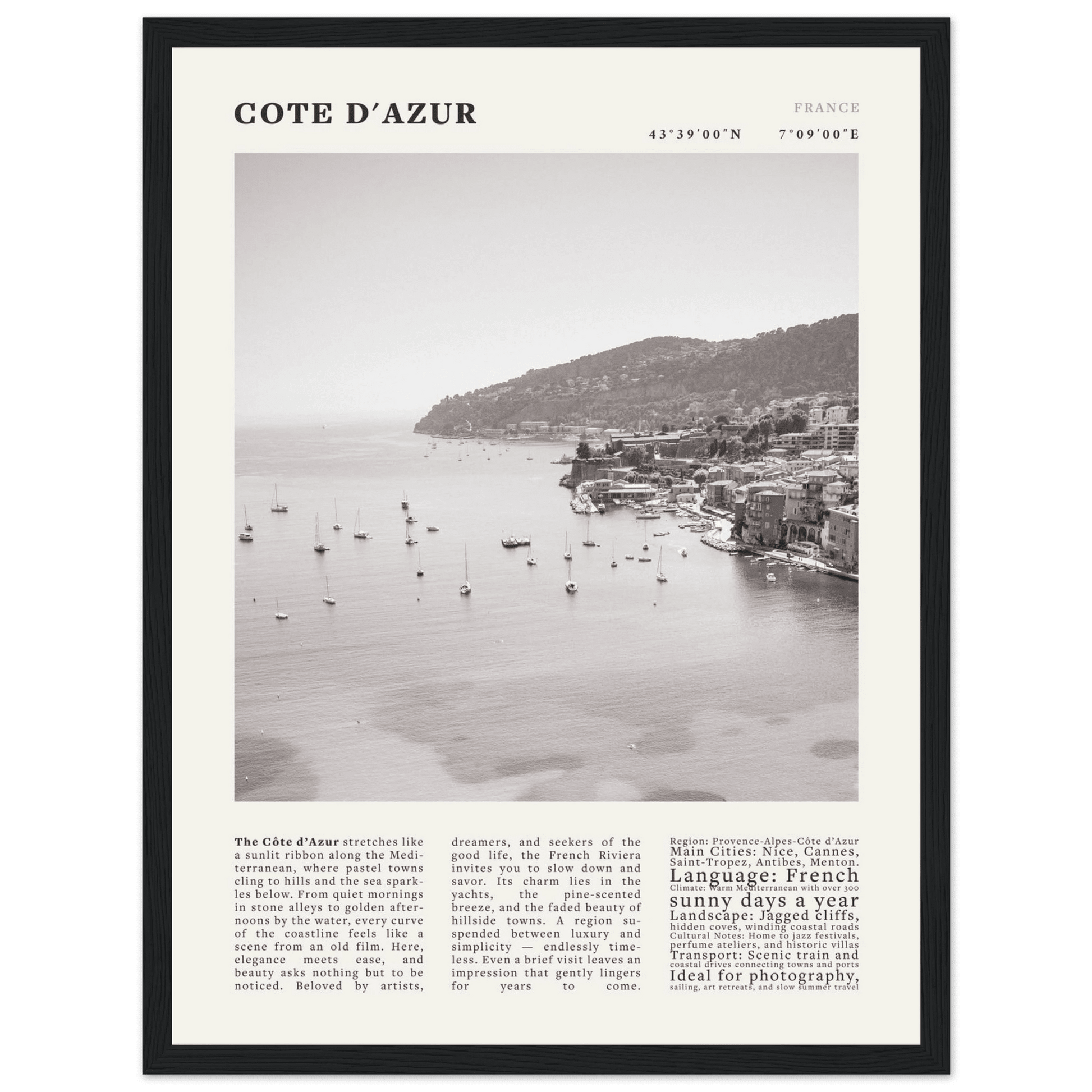 Côte d'Azur Poster Black and White – Vintage French Riviera Coast Print (Digital & Printed Options) - Evergreen Posters