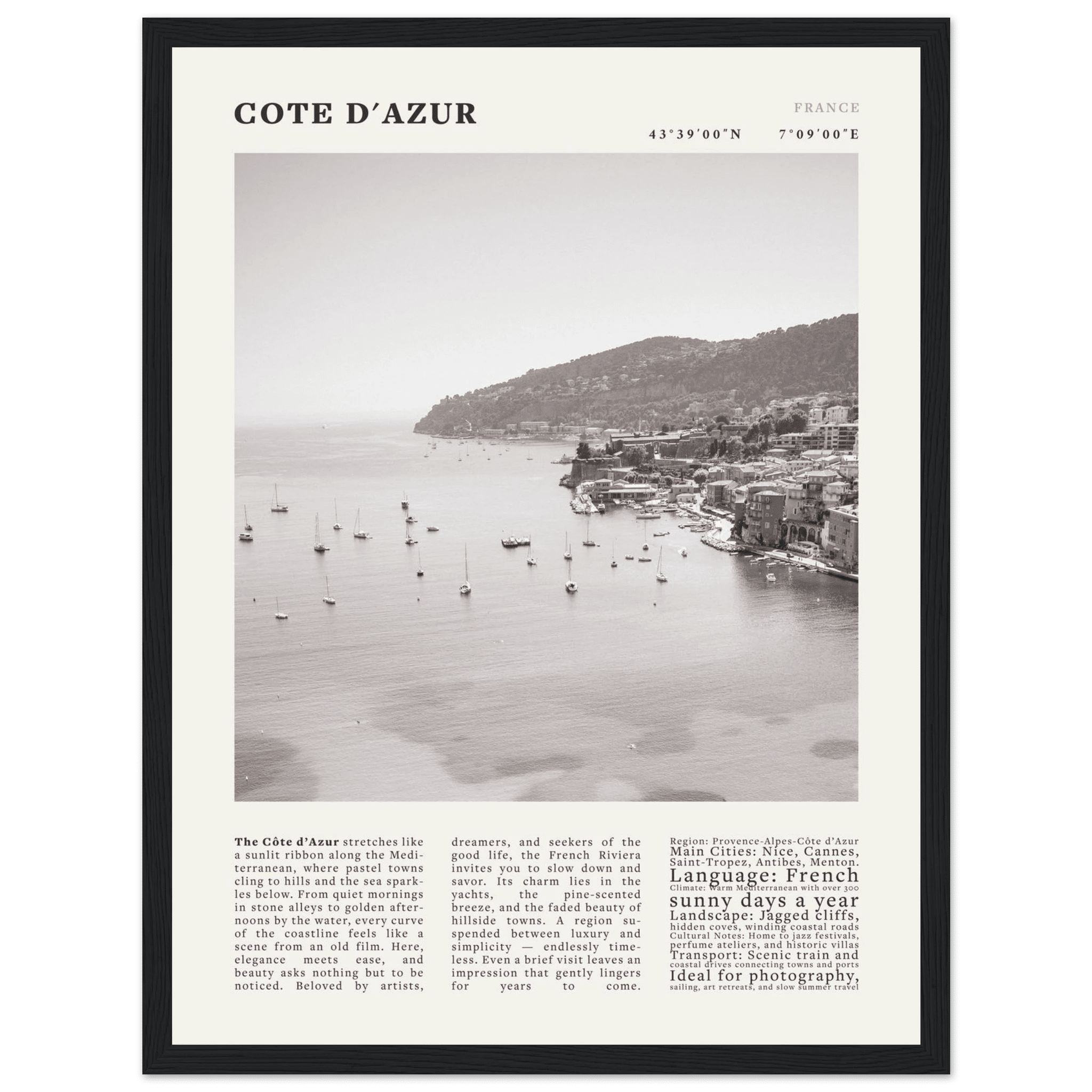 Côte d'Azur Poster Black and White – Vintage French Riviera Coast Print (Digital & Printed Options) - Evergreen Posters