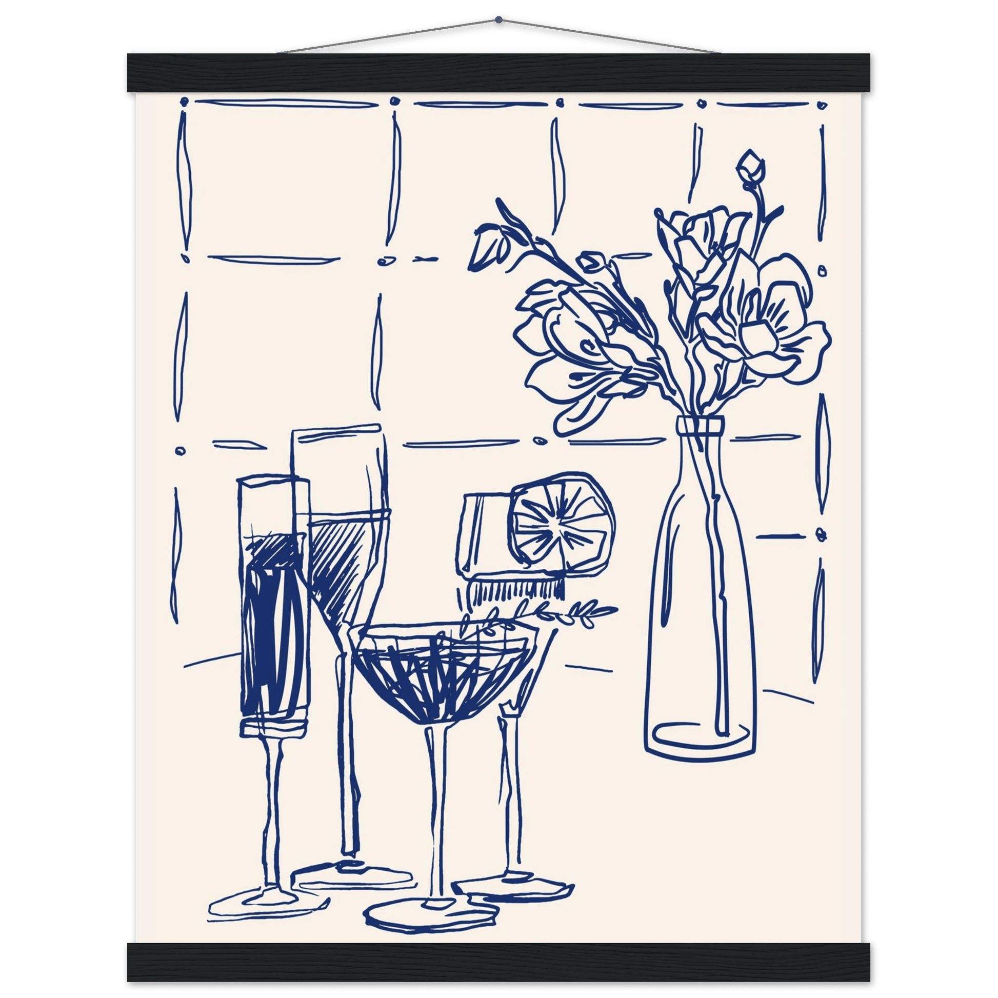 Cocktails & Flowers Print | Navy Blue Line Art Drinks Wall Art | Kitchen Bar Poster - Evergreen Posters